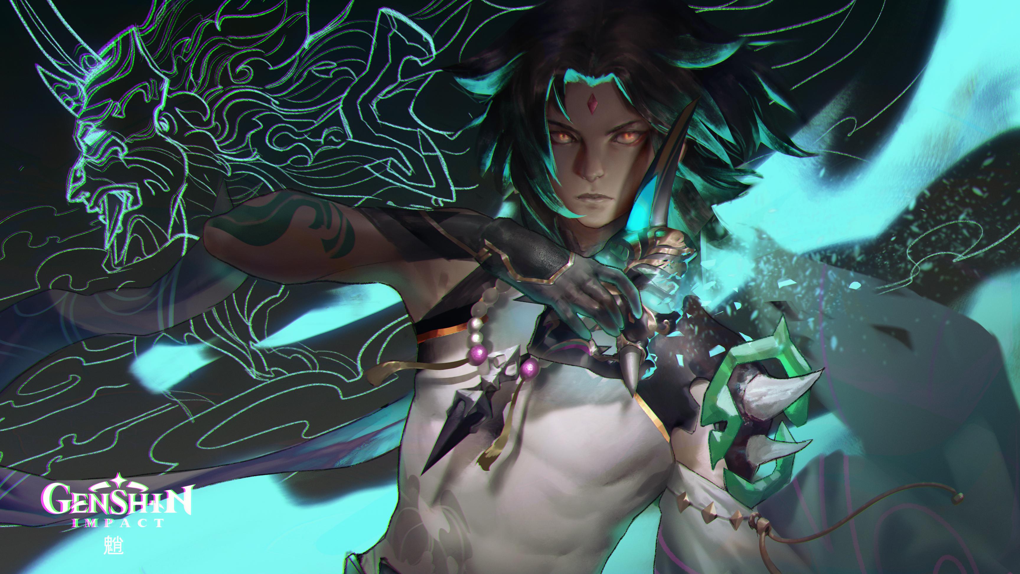 Xiao (Genshin Impact) with glowing spirit and teal aura HD Wallpaper