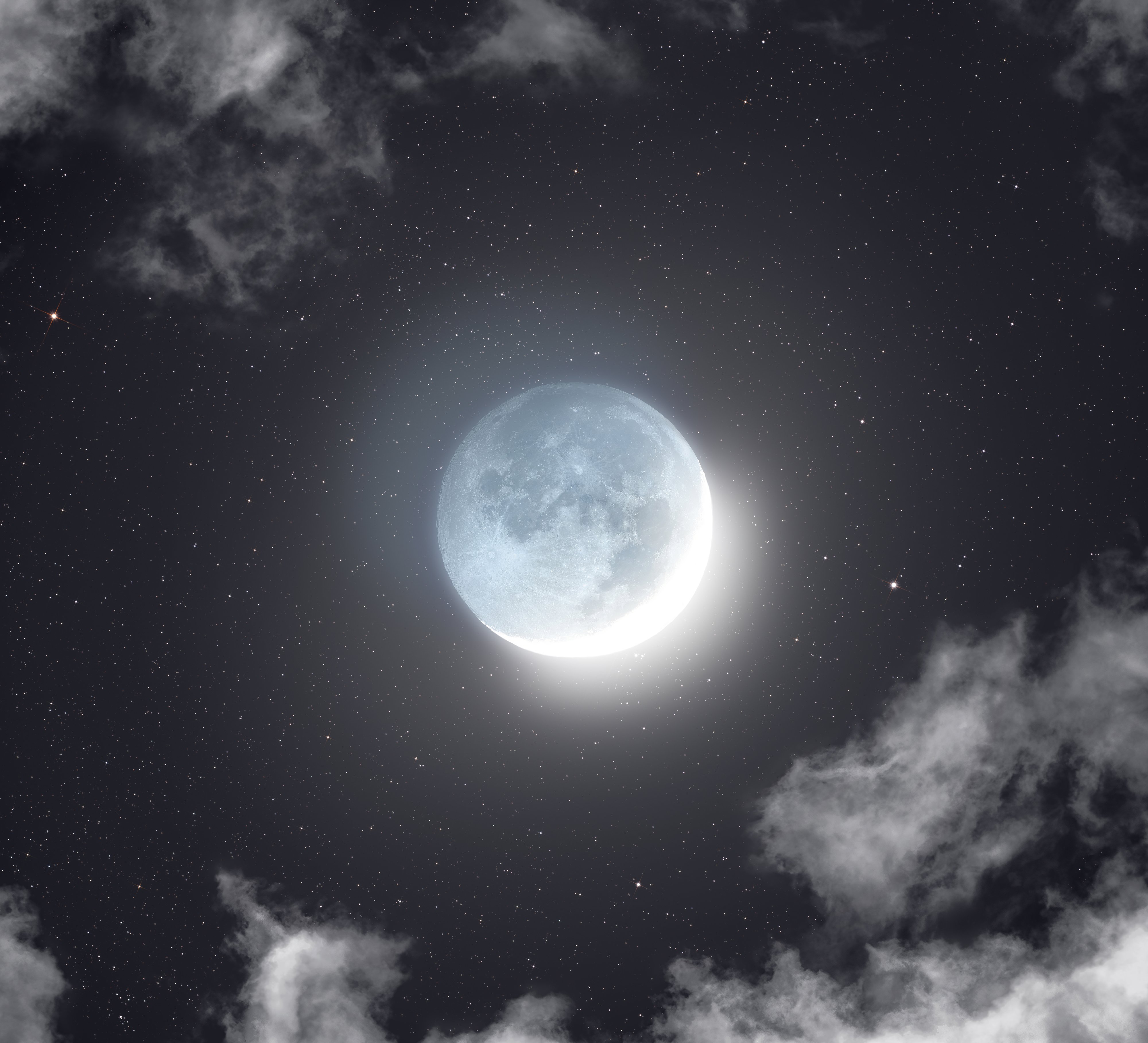 Luminous moon among stars and clouds HD Wallpaper