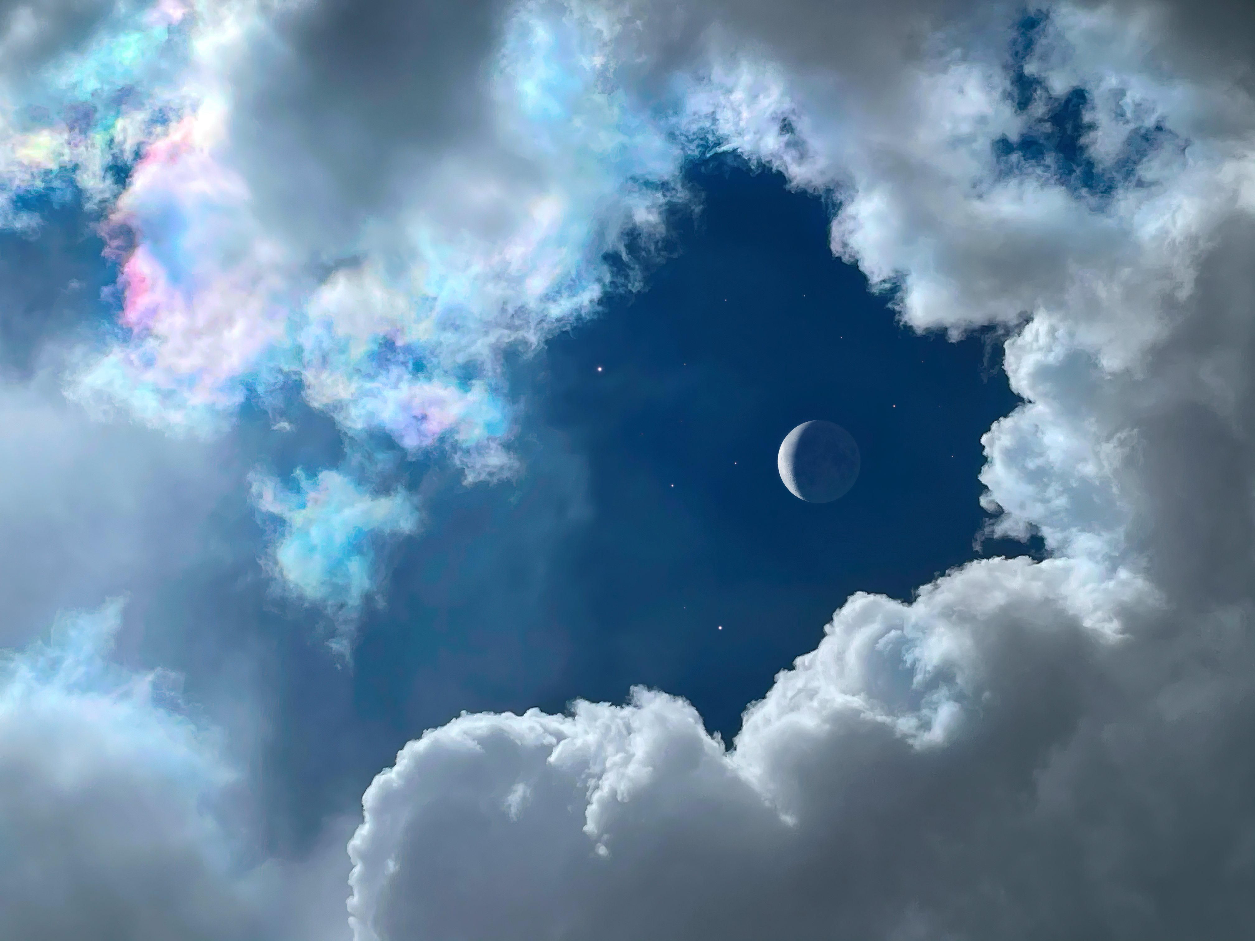 Iridescent Clouds Framing Moon and Stars HD Wallpaper