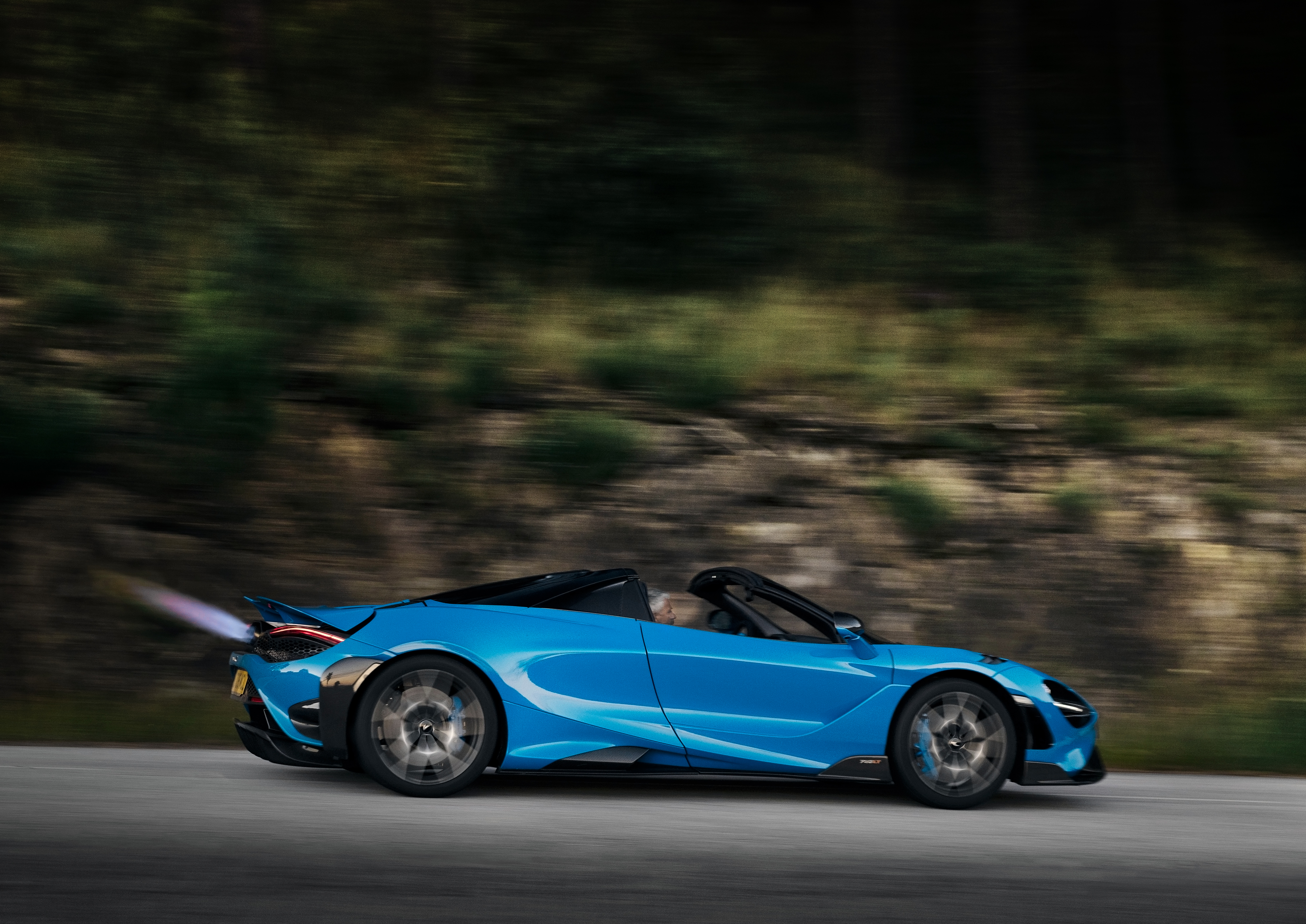 Blue McLaren 765LT Spider with exhaust flames 4K HD Wallpaper