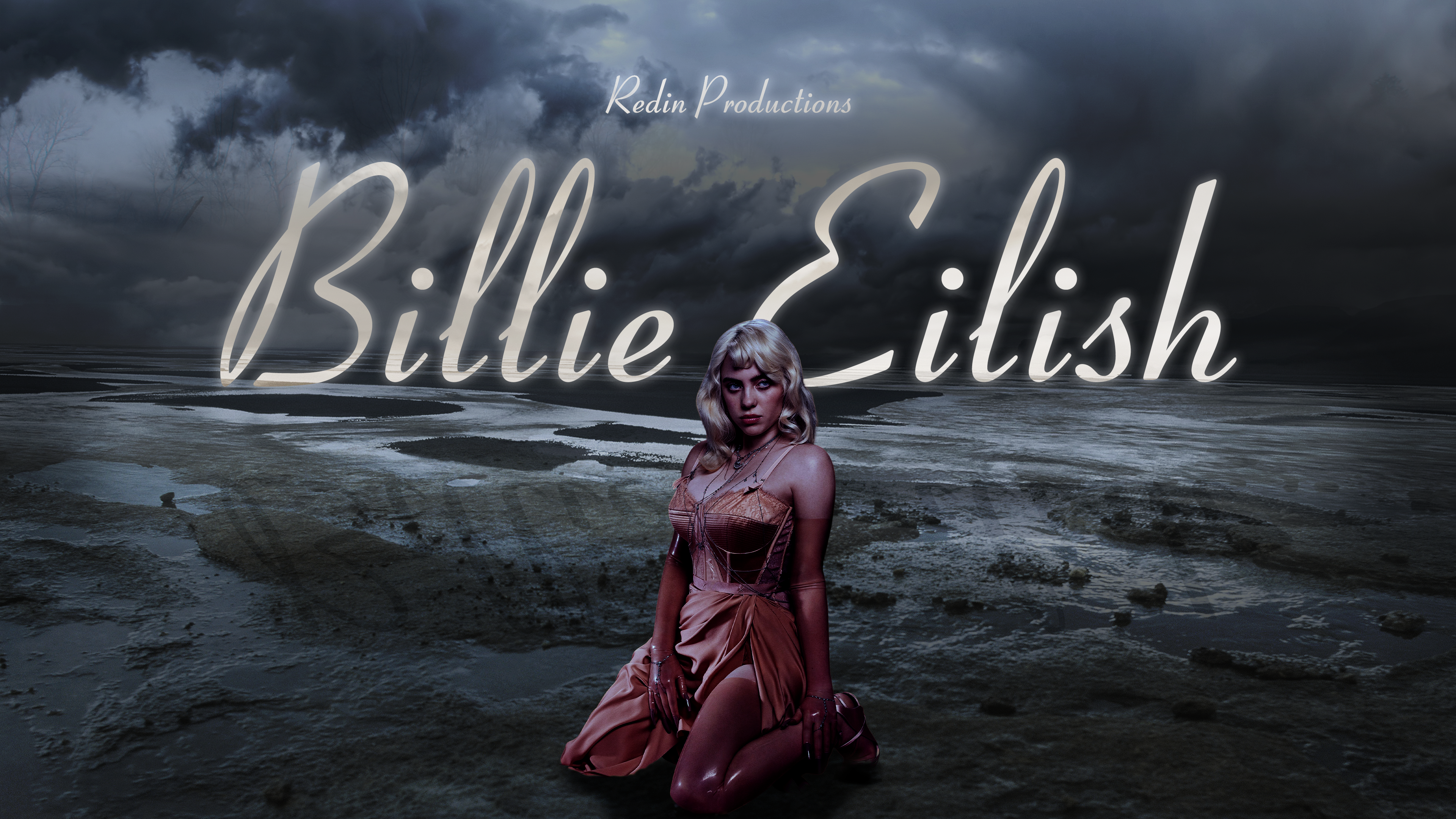 Billie Eilish in a dark, dramatic landscape HD Wallpaper