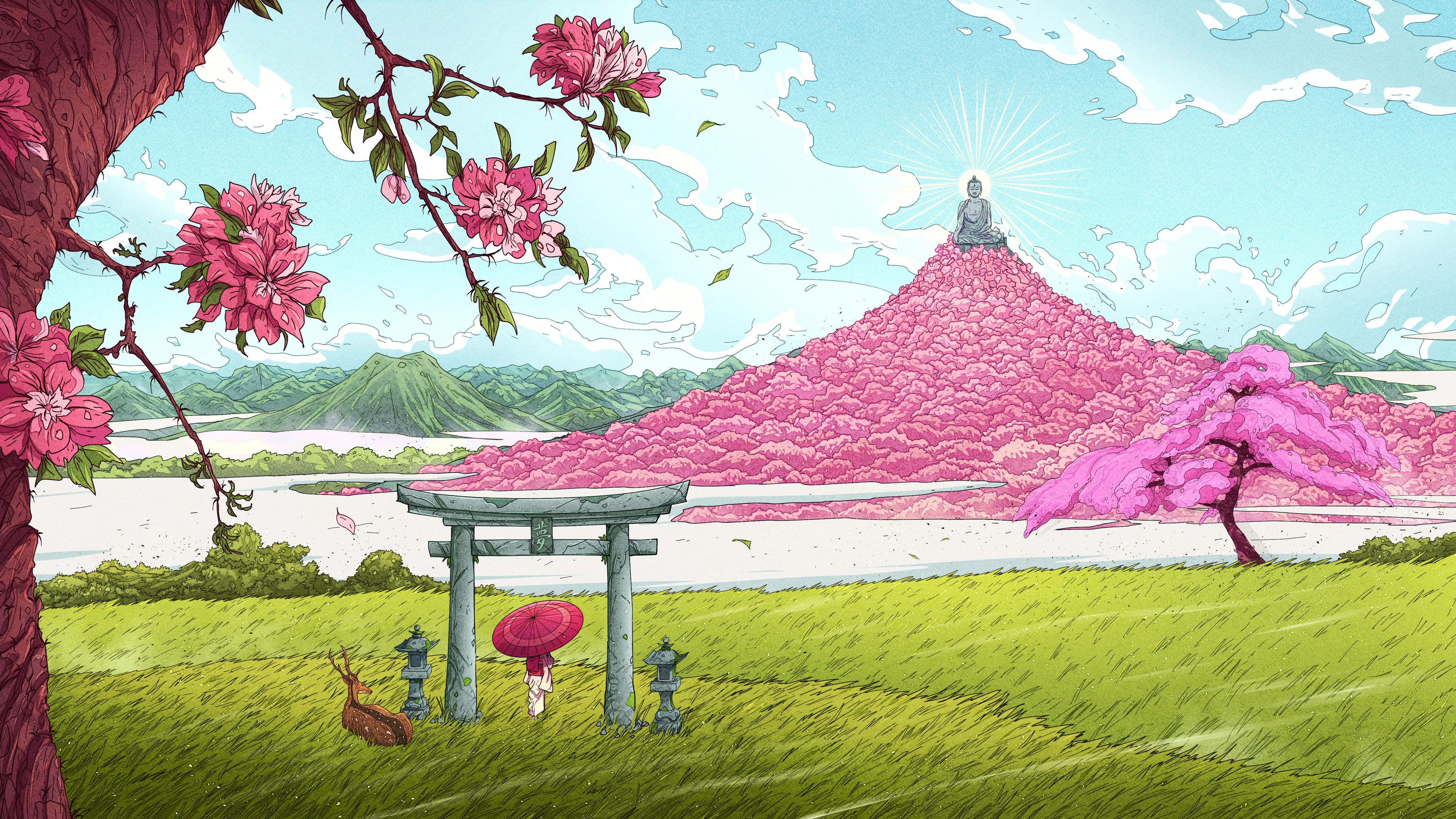 Buddha Statue on Sakura Hill with Torii Gate HD Wallpaper