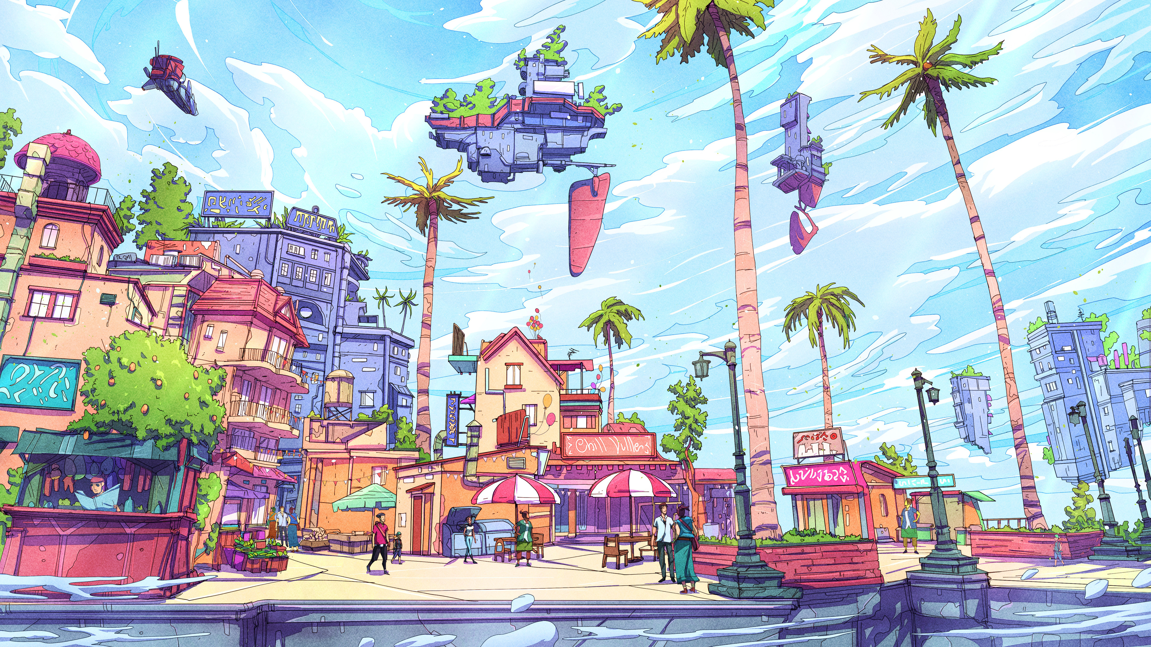 Vibrant Futuristic City with Floating Islands 4K HD Wallpaper