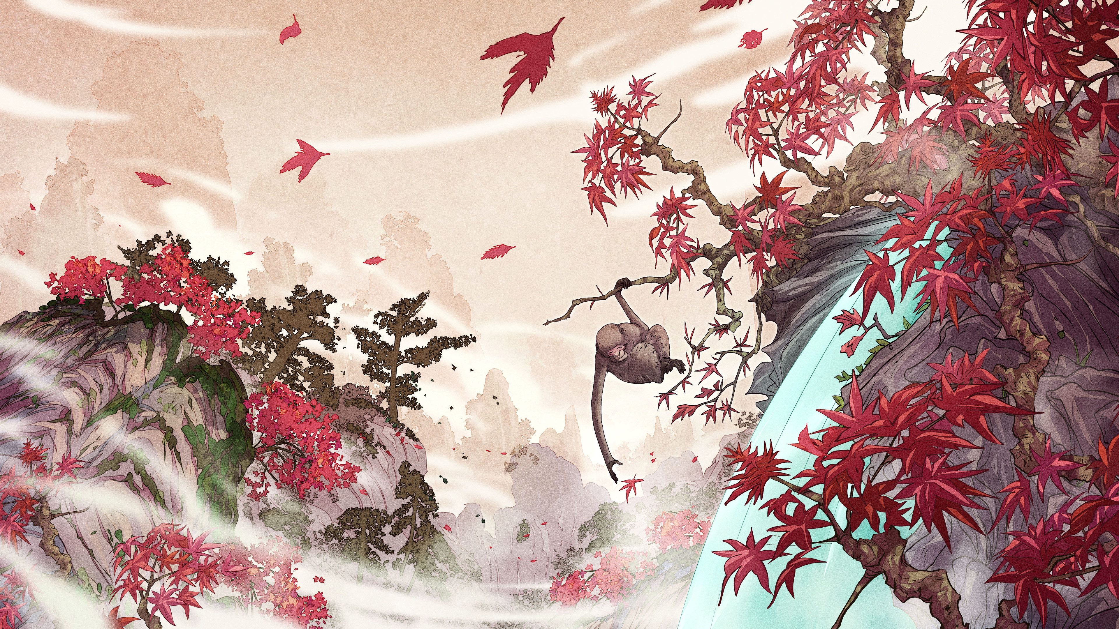 Monkey Swinging by Waterfall in Red Maple Artistic Landscape 4K HD Wallpaper
