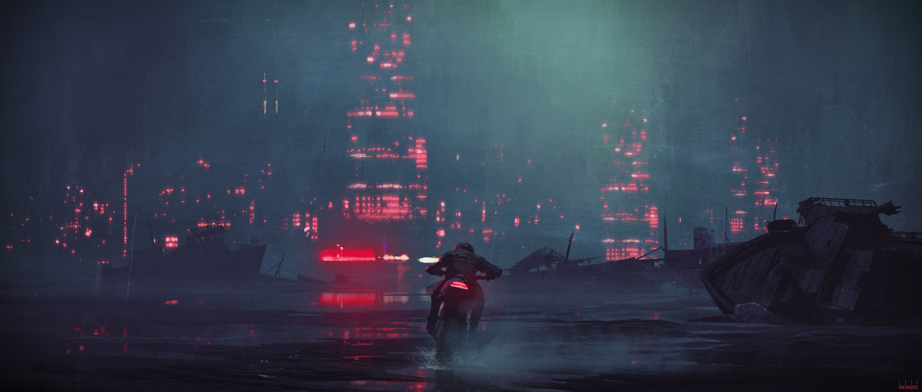 Dystopian Futuristic Night Motorcycle and Shipwrecks HD Wallpaper