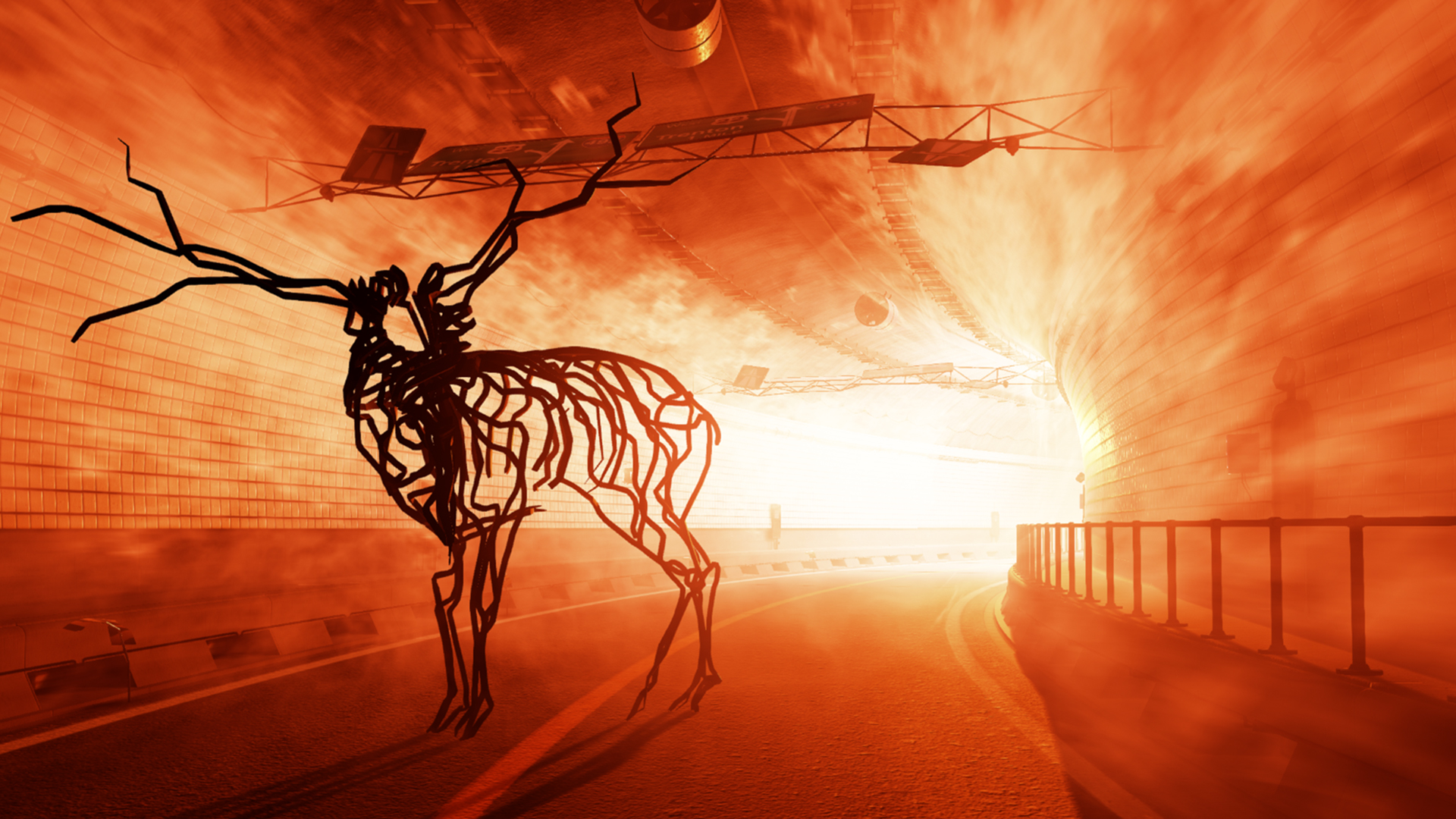 Artistic Wireframe Deer Statue in Fiery Tunnel HD Wallpaper