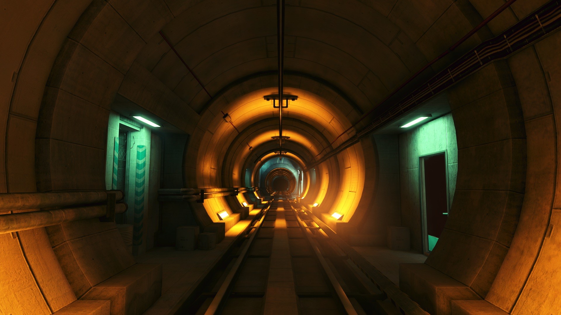 Long glowing tunnel with train tracks HD Wallpaper