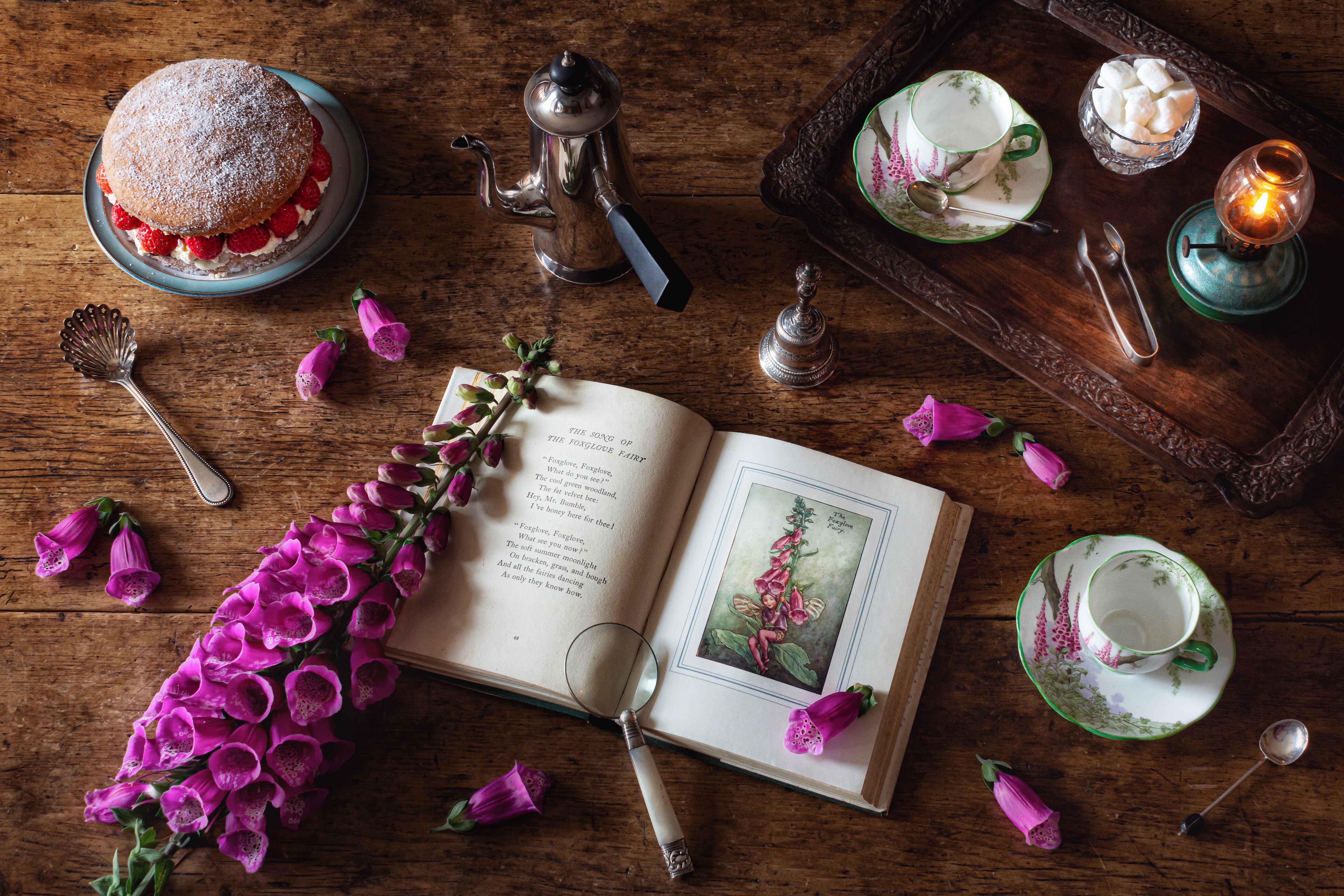 Foxglove Fairy Book and Afternoon Tea Still Life HD Wallpaper