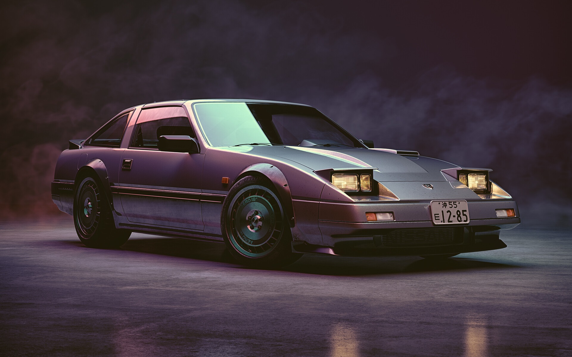 Retro Nissan Fairlady Z in a smoky synthwave scene HD Wallpaper