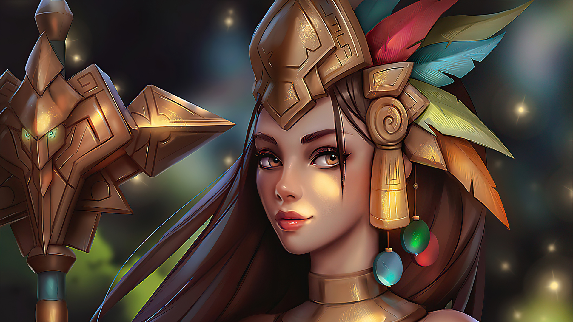 Fantasy Woman with Golden Headdress and Magical Staff HD Wallpaper