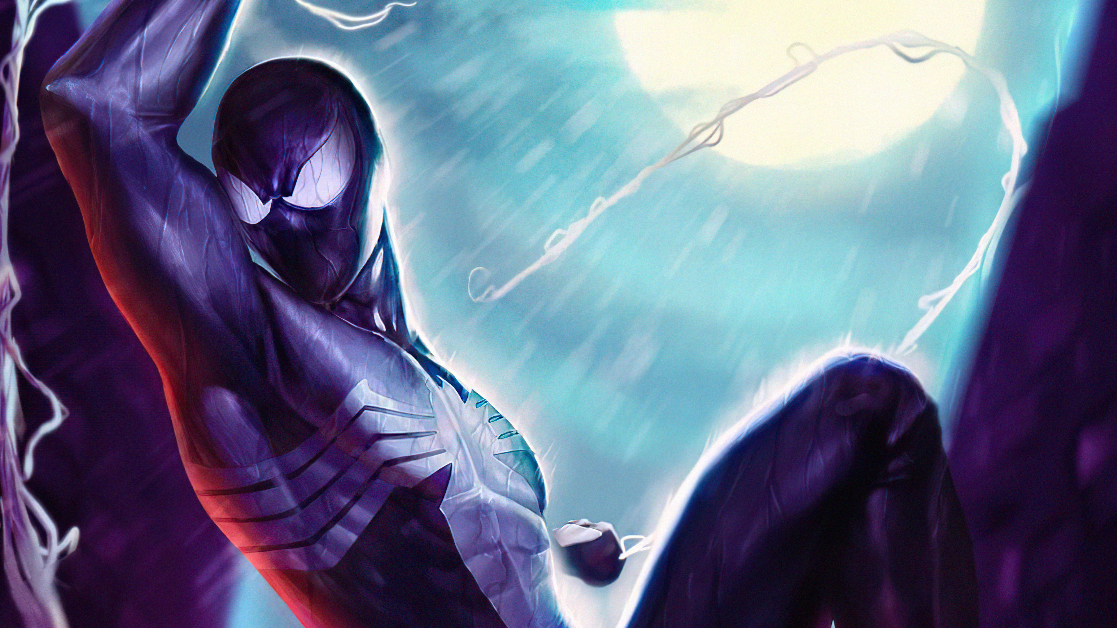 Spider-Man Black Symbiote Suit Swinging in Rain 4K HD Wallpaper
