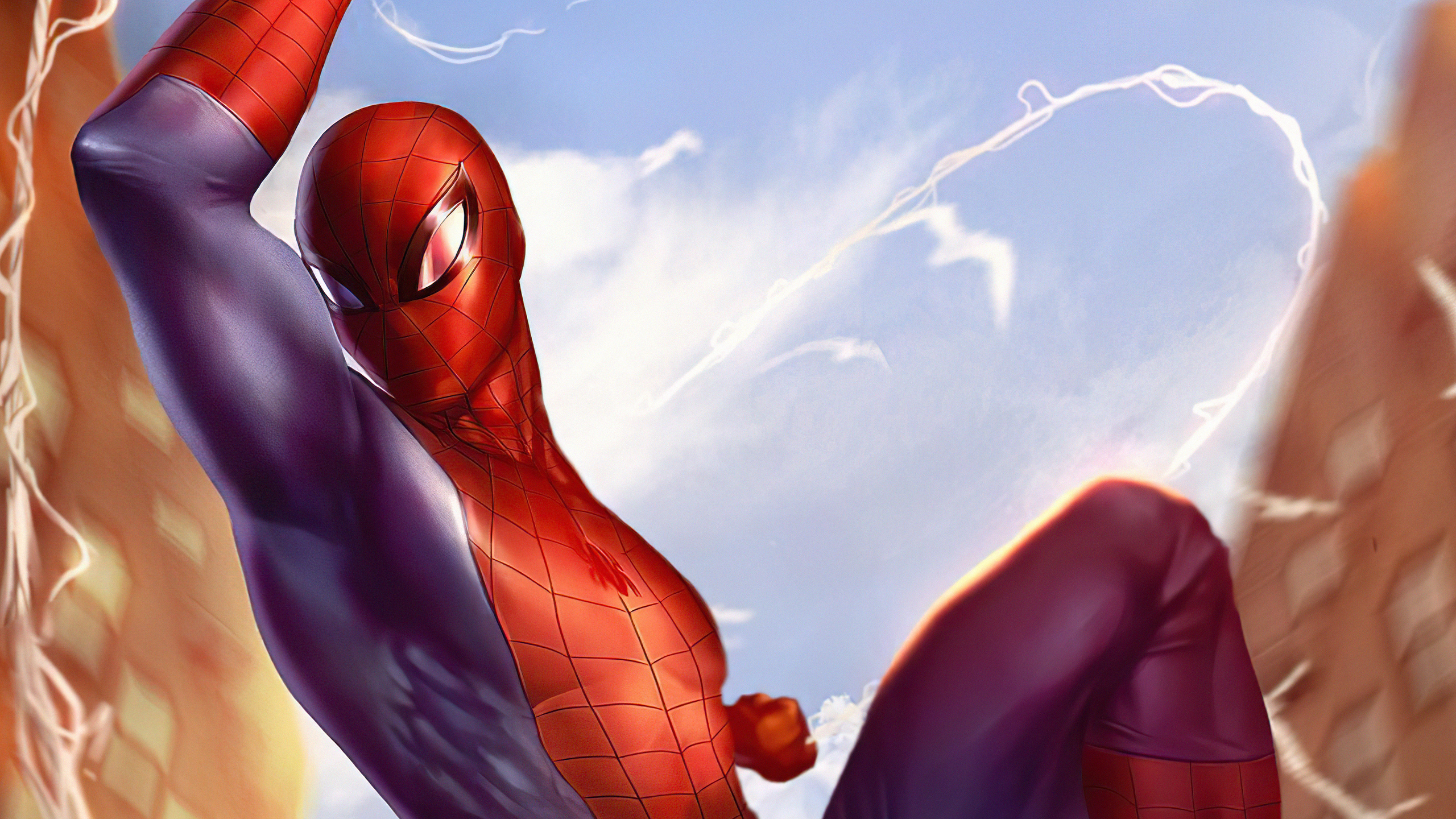 Spider-Man swinging through the city sky HD Wallpaper