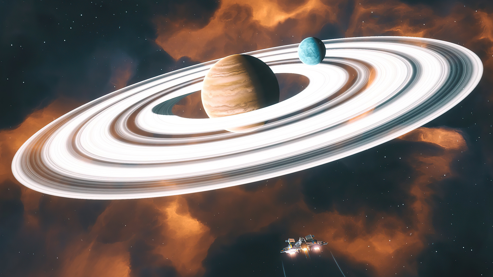 Everspace 2: Ringed Planet with Moon and Spaceship HD Wallpaper