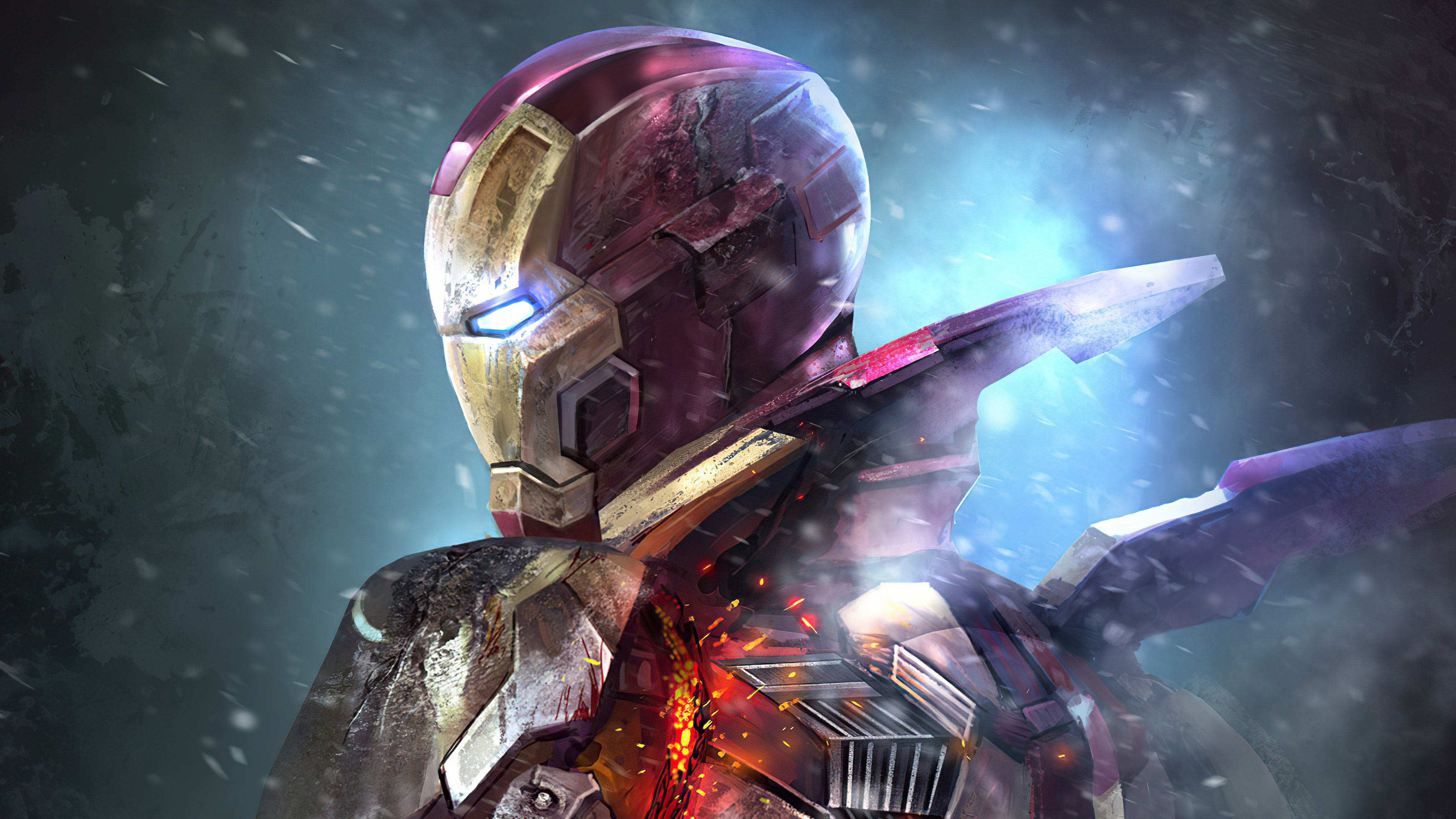 Iron Man Damaged Suit Sparks in Snowy Battle HD Wallpaper