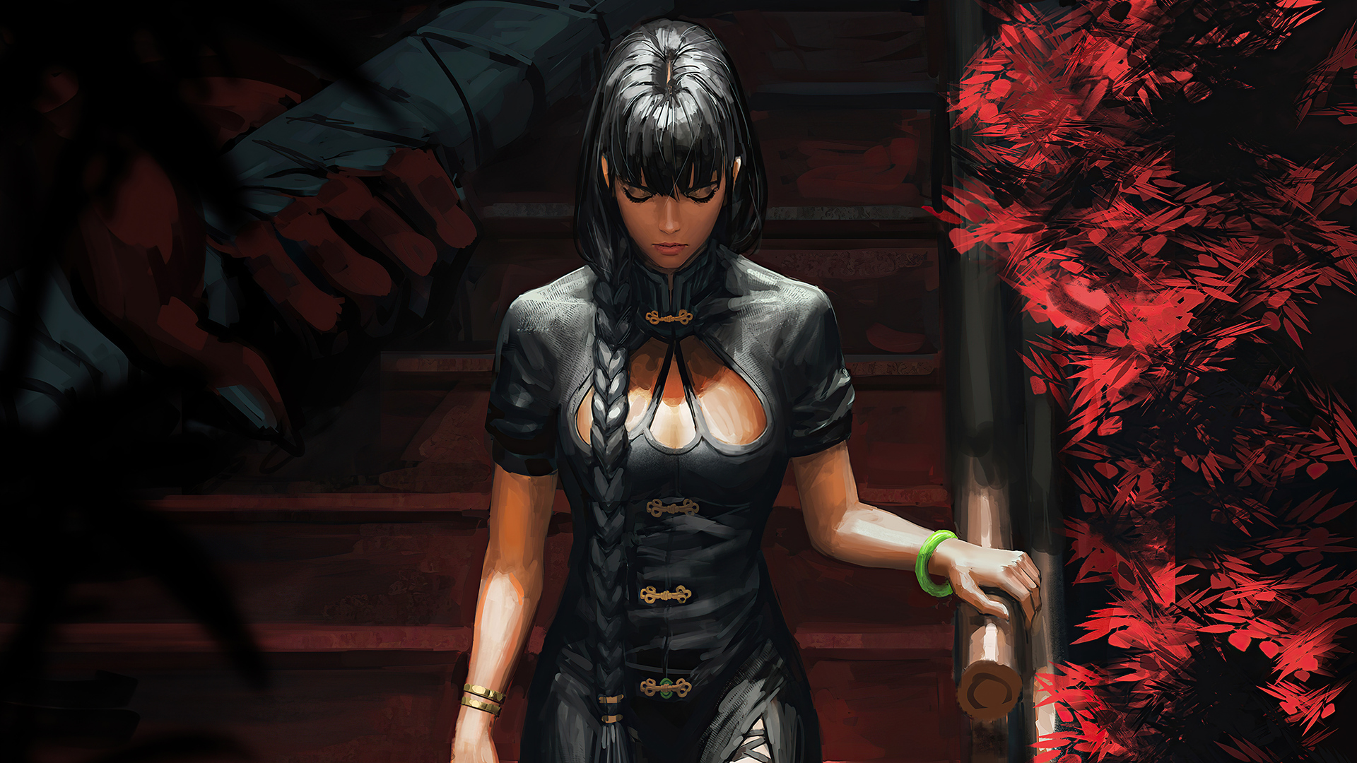 Dark Fantasy Woman with Braid and Black Hair HD Wallpaper
