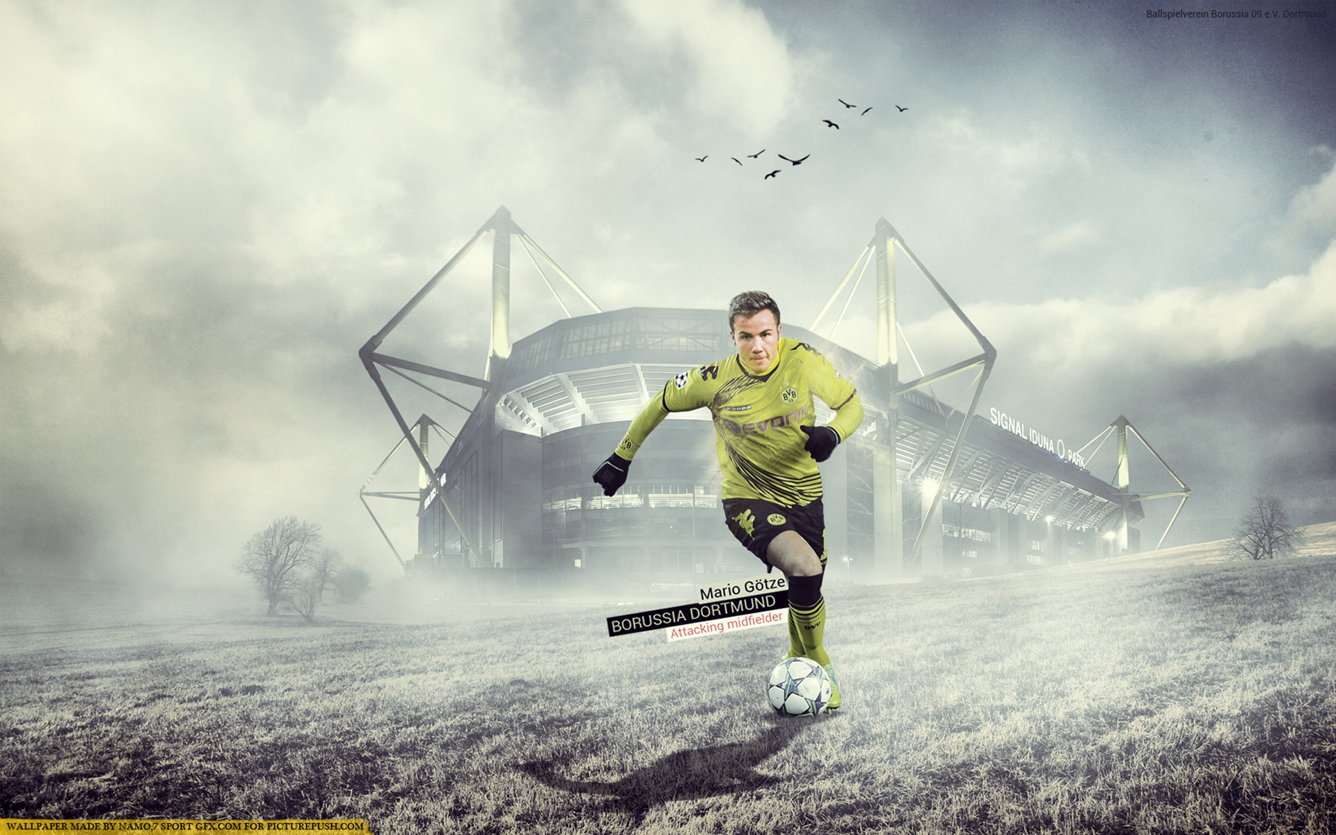 Mario Götze dribbles for Borussia Dortmund at Signal Iduna Park HD Wallpaper