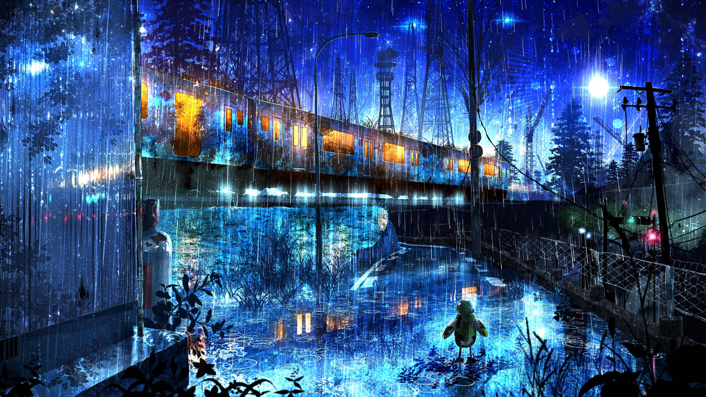 Robot Watches Train in the Heavy Night Rain HD Wallpaper