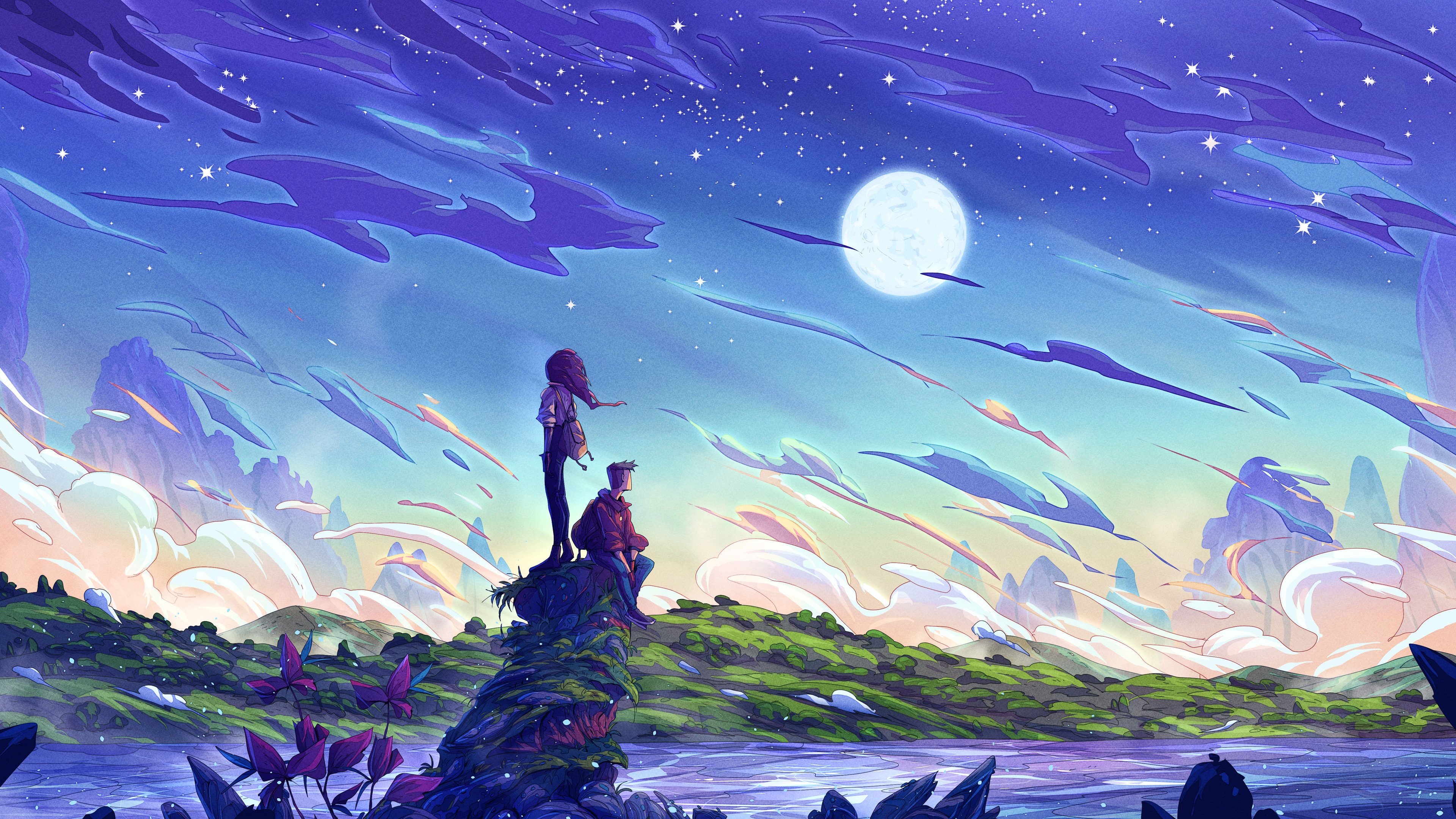 Couple admiring moonlit landscape 4K HD Wallpaper