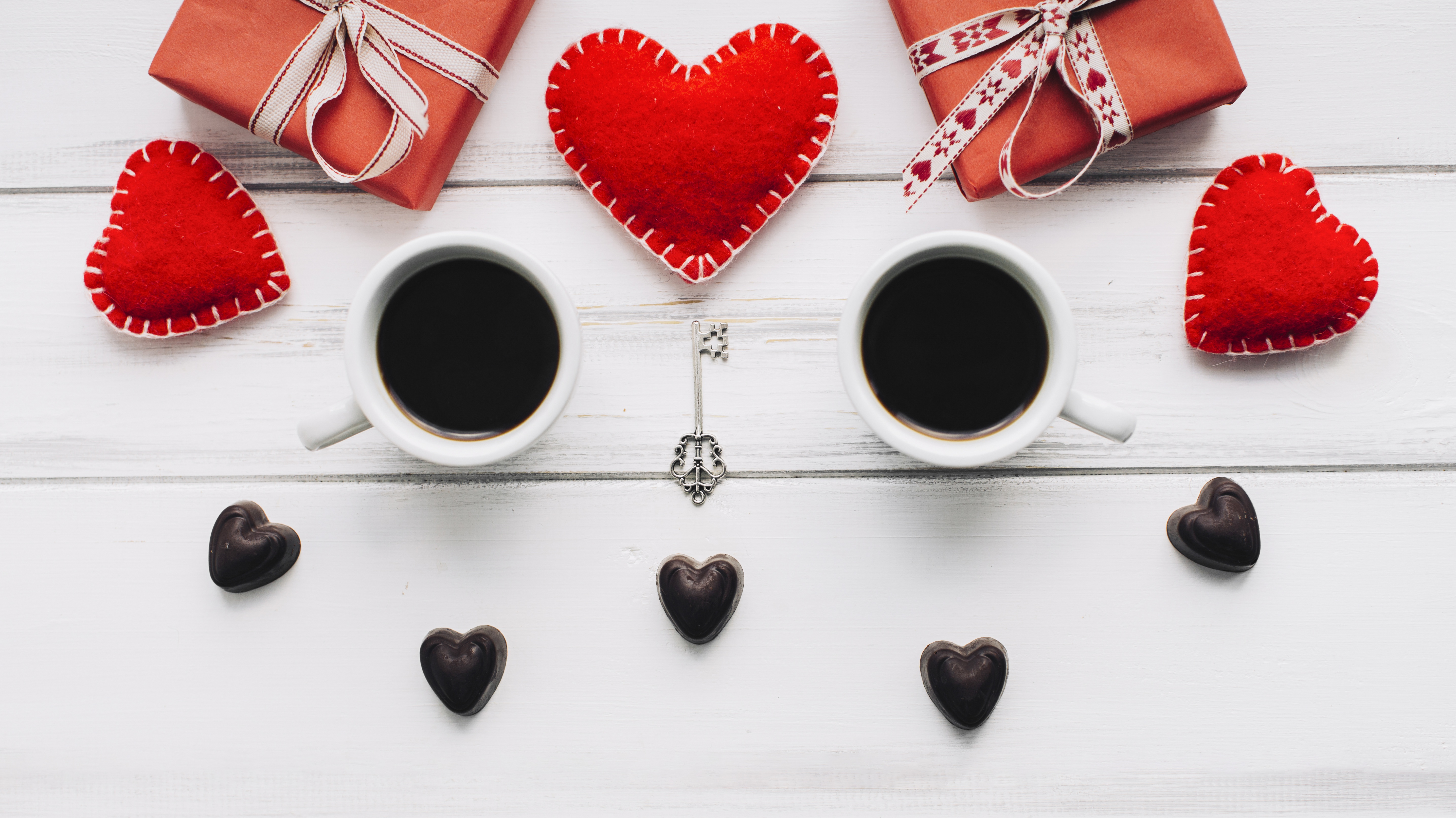 Valentine's Day coffee, gifts, hearts, and chocolates HD Wallpaper