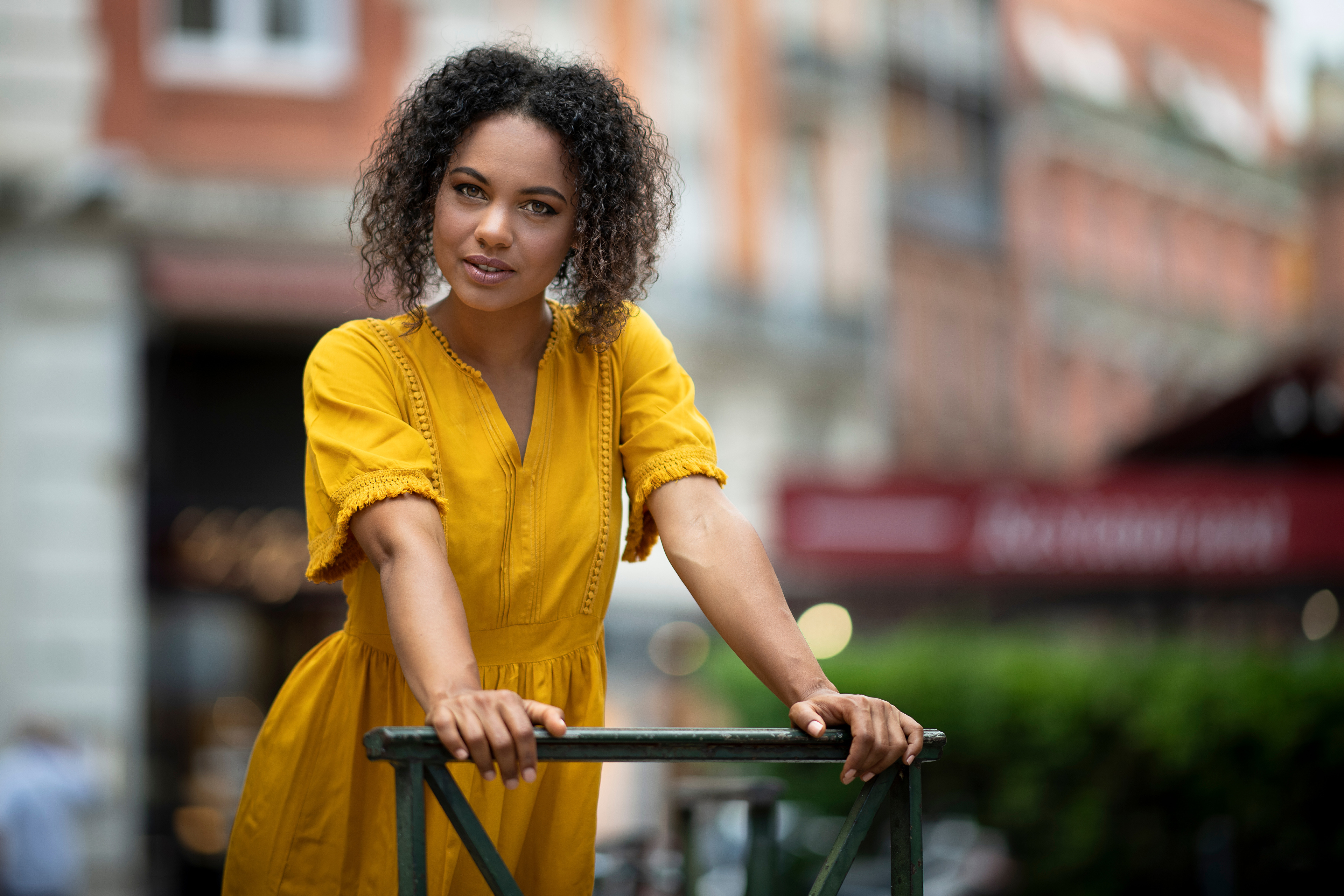 Brunette Model in Yellow Dress with Depth of Field HD Wallpaper