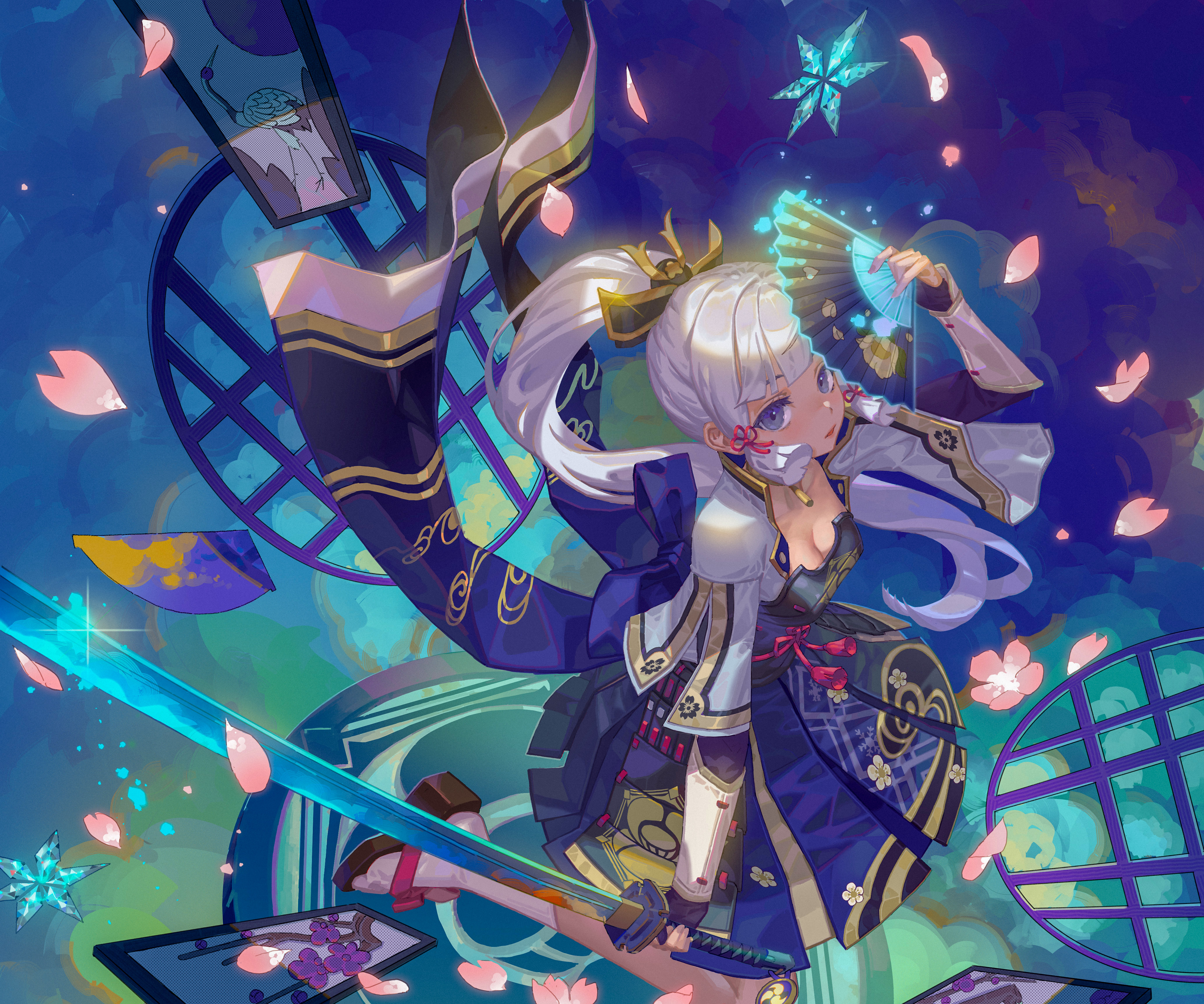Genshin Impact Kamisato Ayaka wielding fan and sword HD Wallpaper