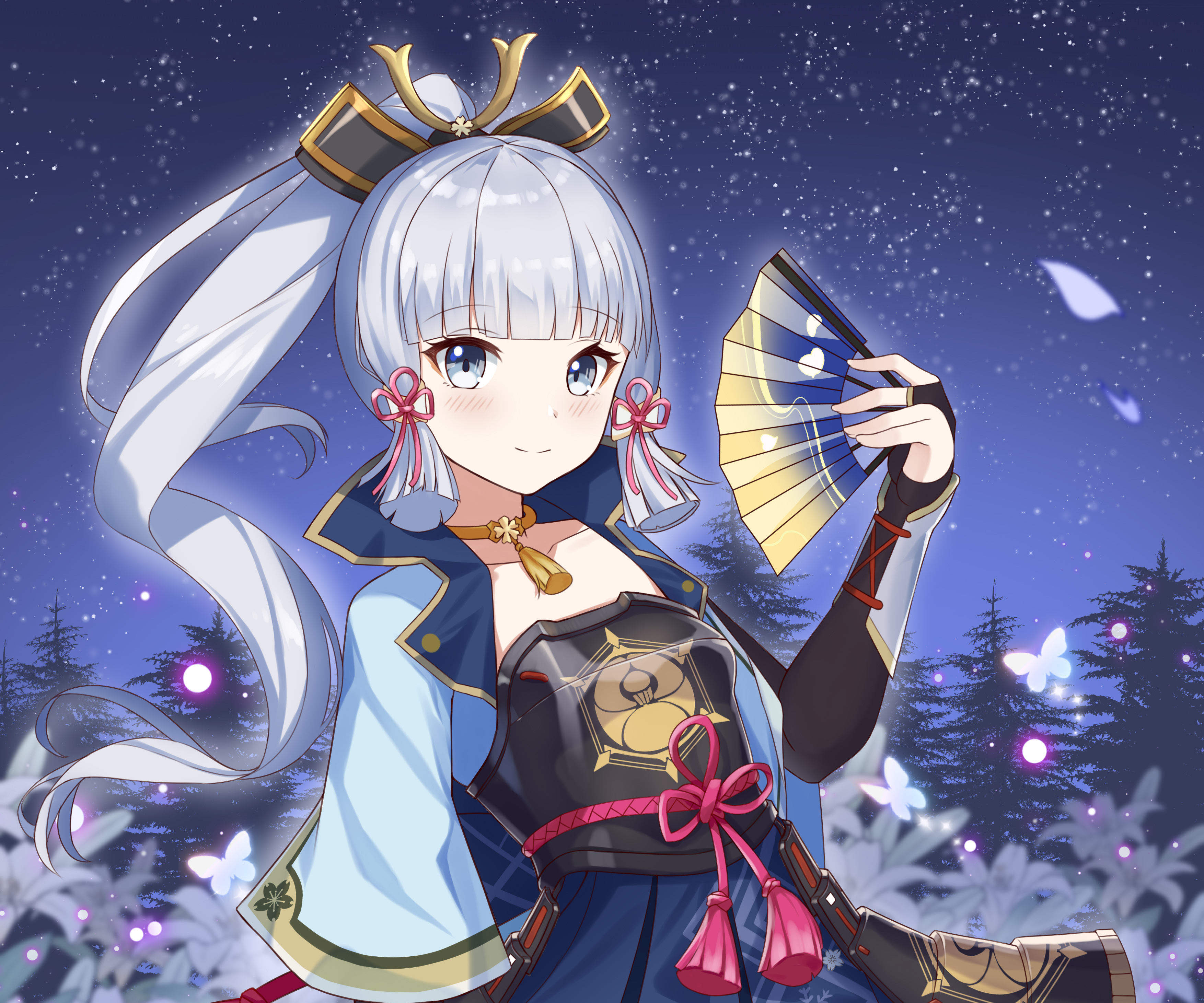 Kamisato Ayaka with fan in starry night HD Wallpaper