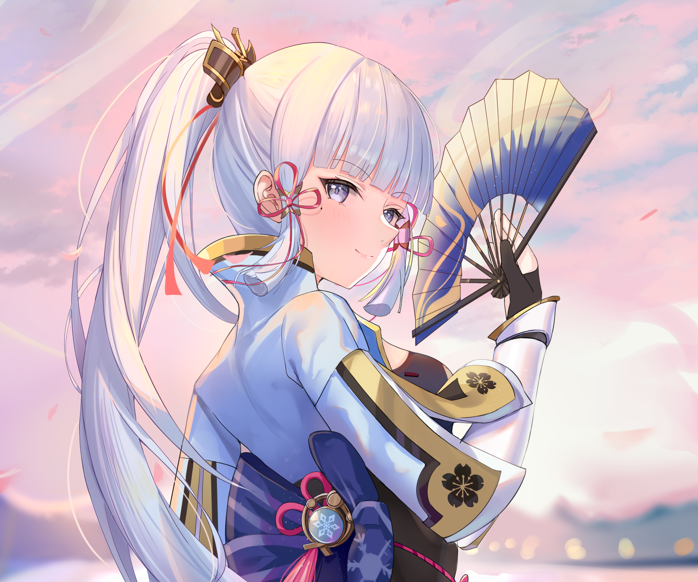 Kamisato Ayaka holding fan against pink sky HD Wallpaper