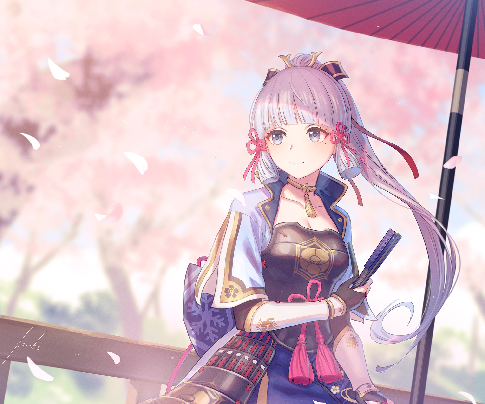 Kamisato Ayaka with cherry blossoms and fan HD Wallpaper