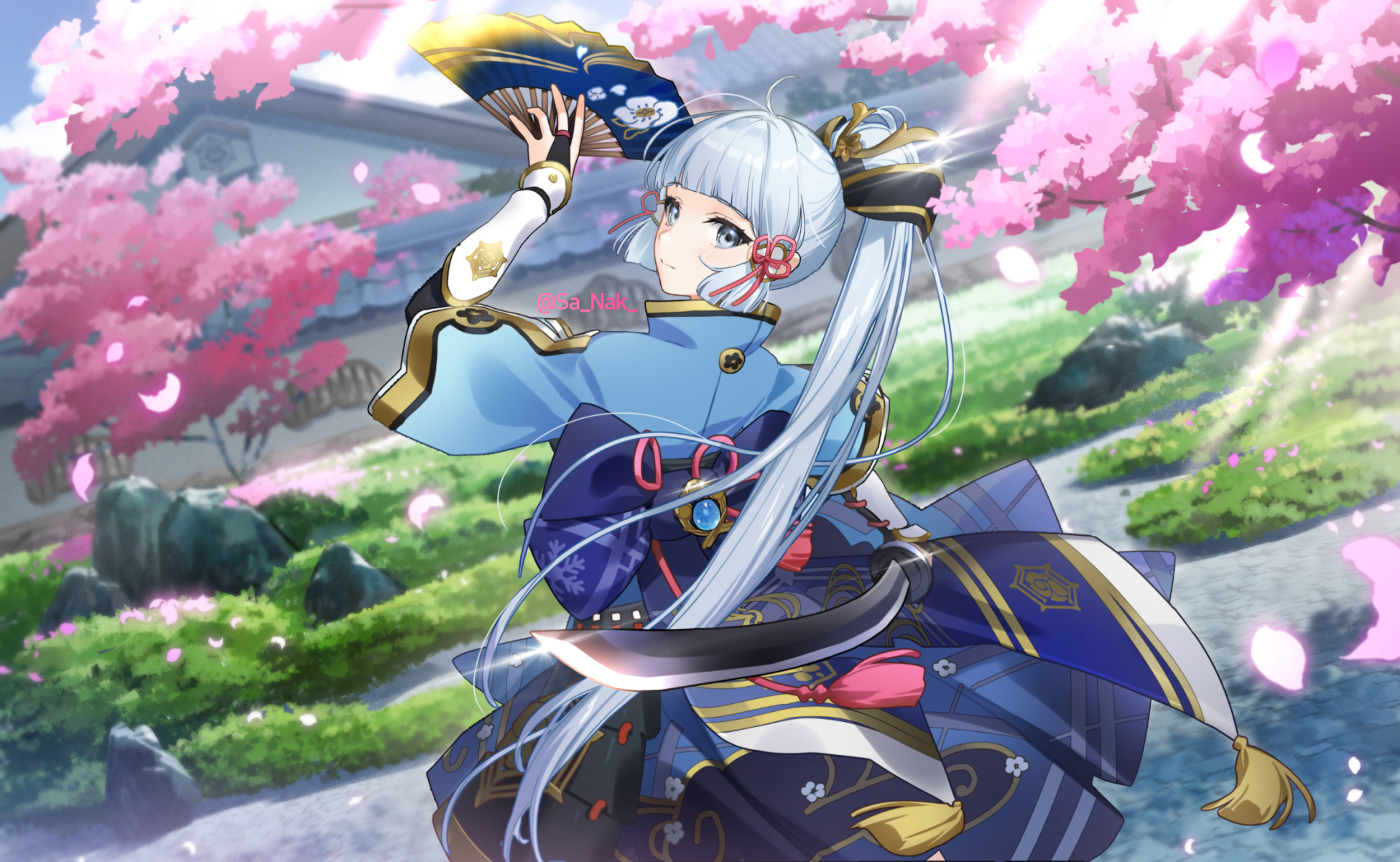 Kamisato Ayaka with fan and sword amidst cherry blossoms HD Wallpaper