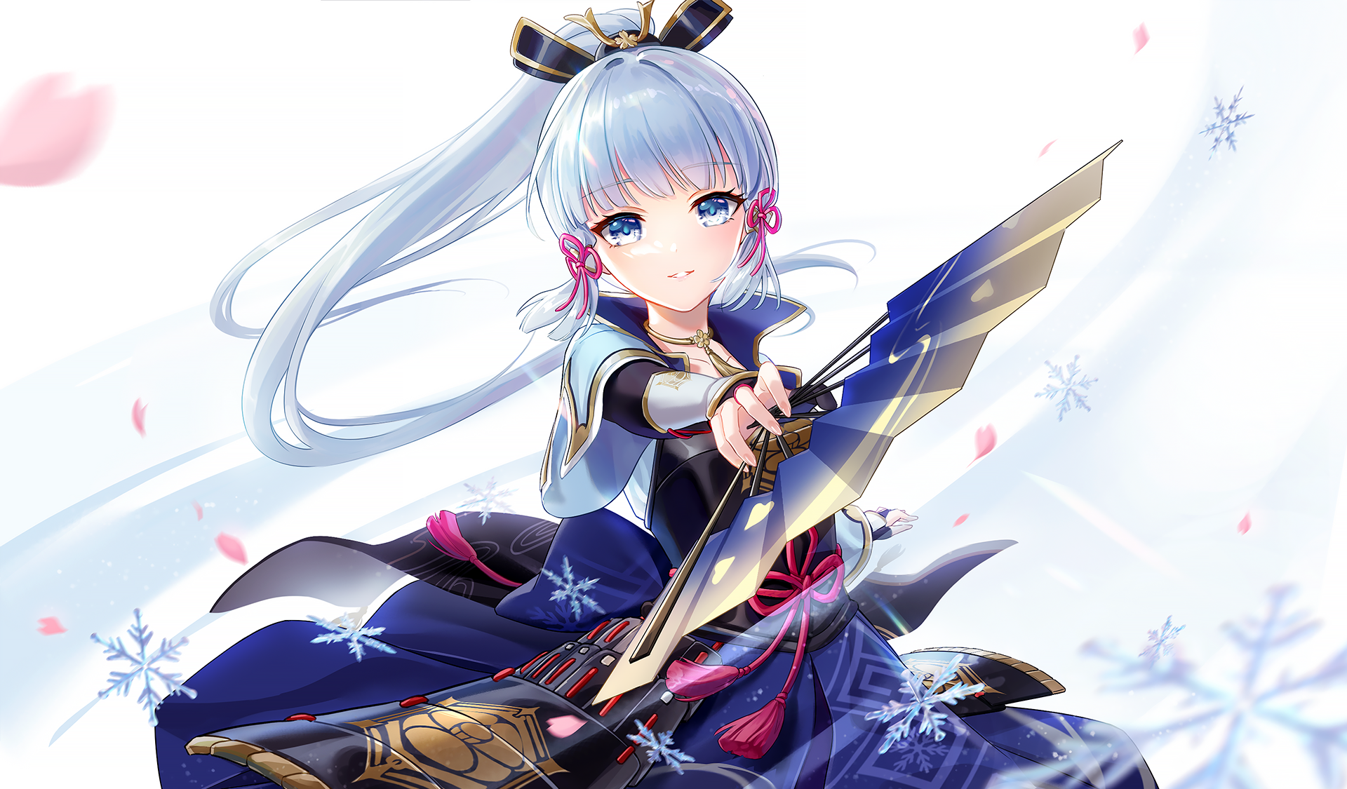 Kamisato Ayaka aiming with bow, surrounded by snowflakes HD Wallpaper