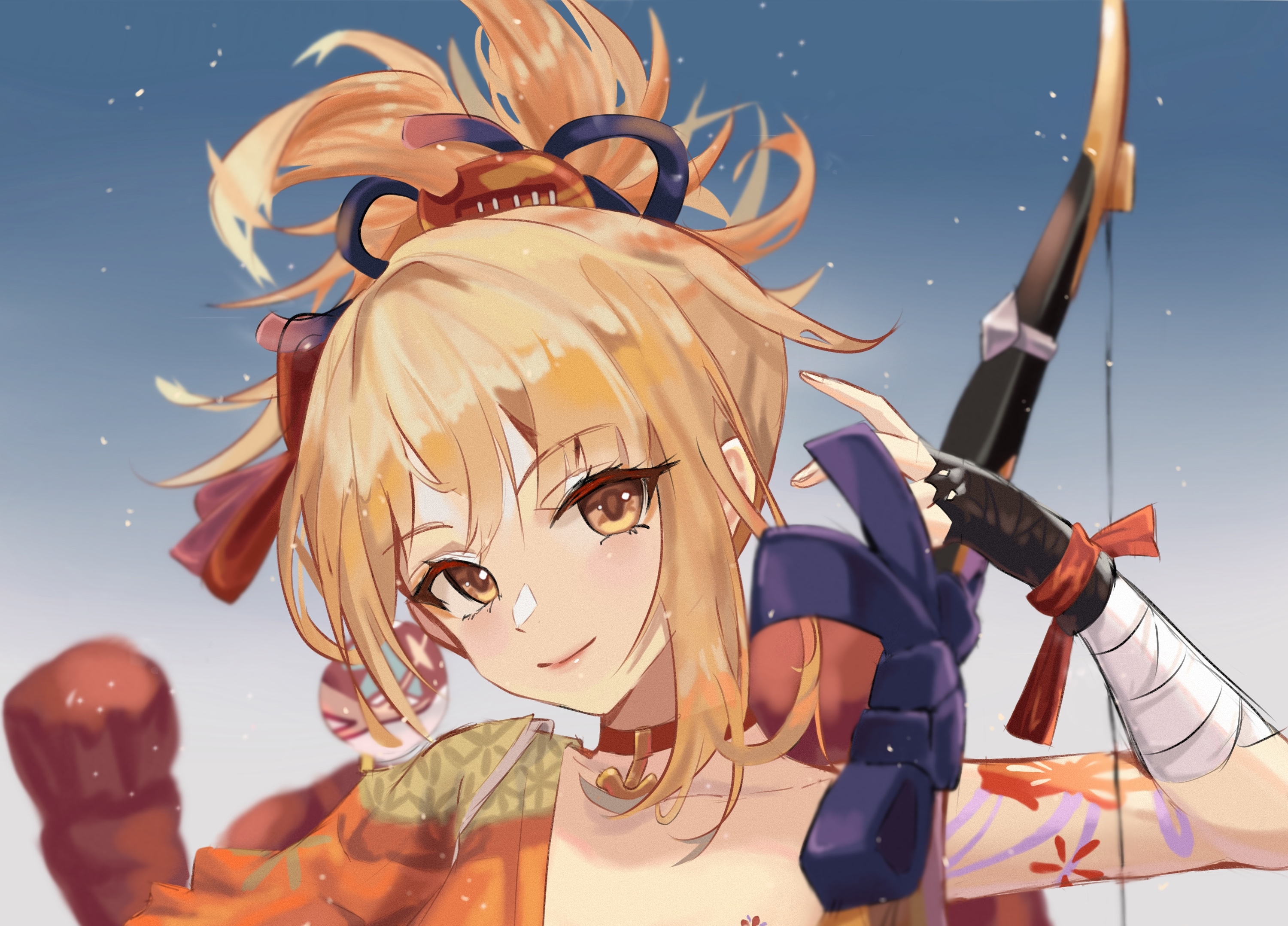 Yoimiya smiling with bow in Genshin Impact HD Wallpaper