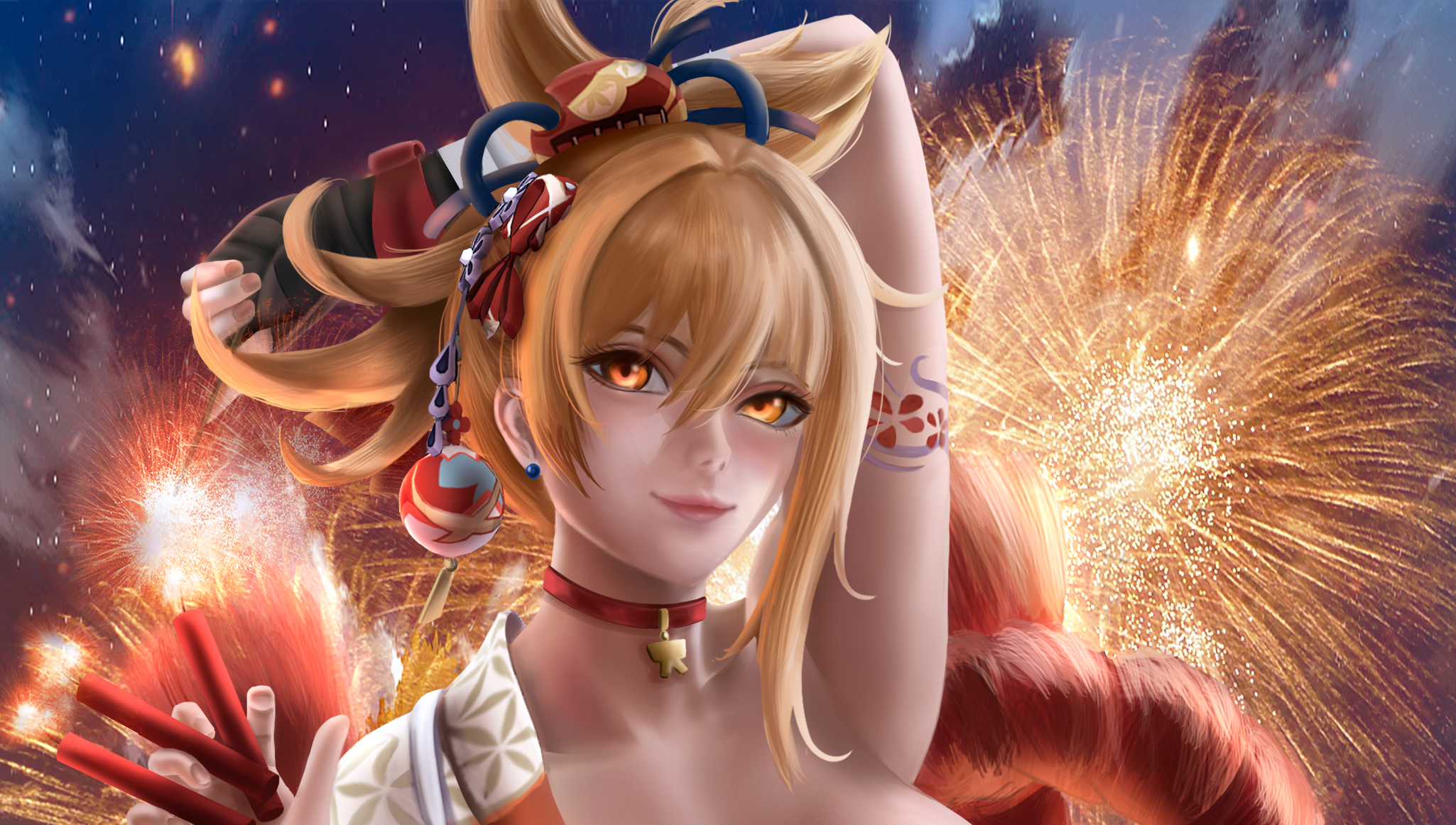 Yoimiya (Genshin Impact) amidst dazzling fireworks HD Wallpaper