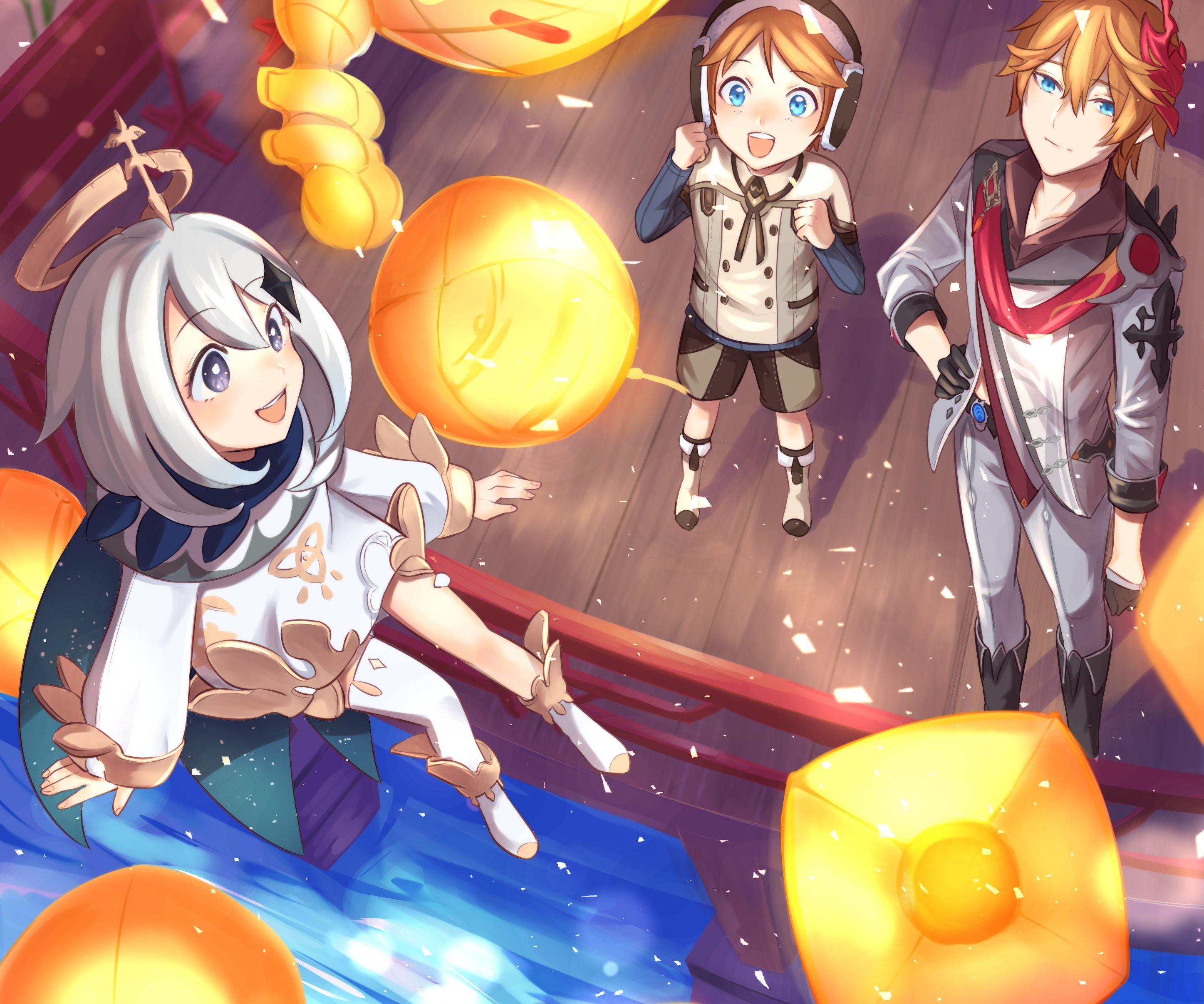 Paimon, Teucer, and Tartaglia enjoying a lantern festival HD Wallpaper