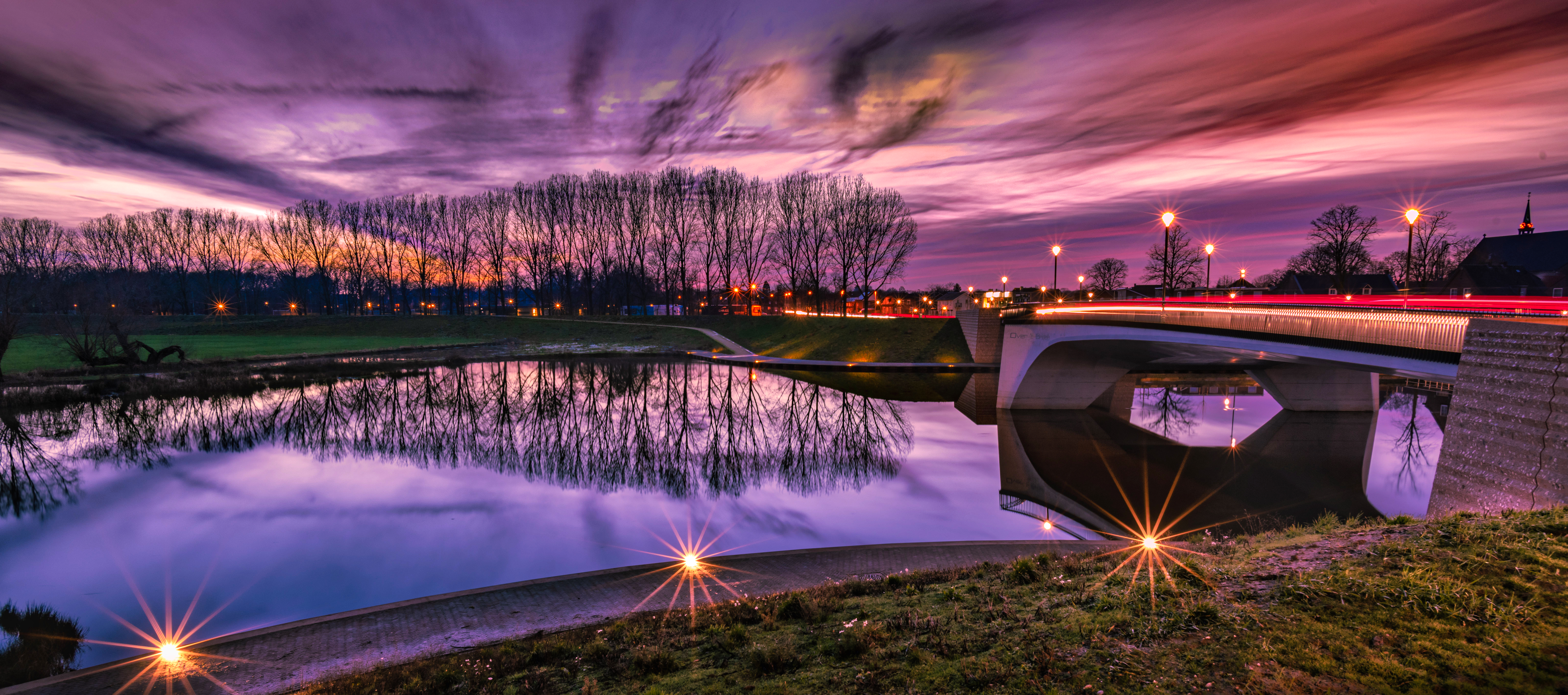 Vibrant Purple Sky Night Bridge Reflection HDR 4K HD Wallpaper