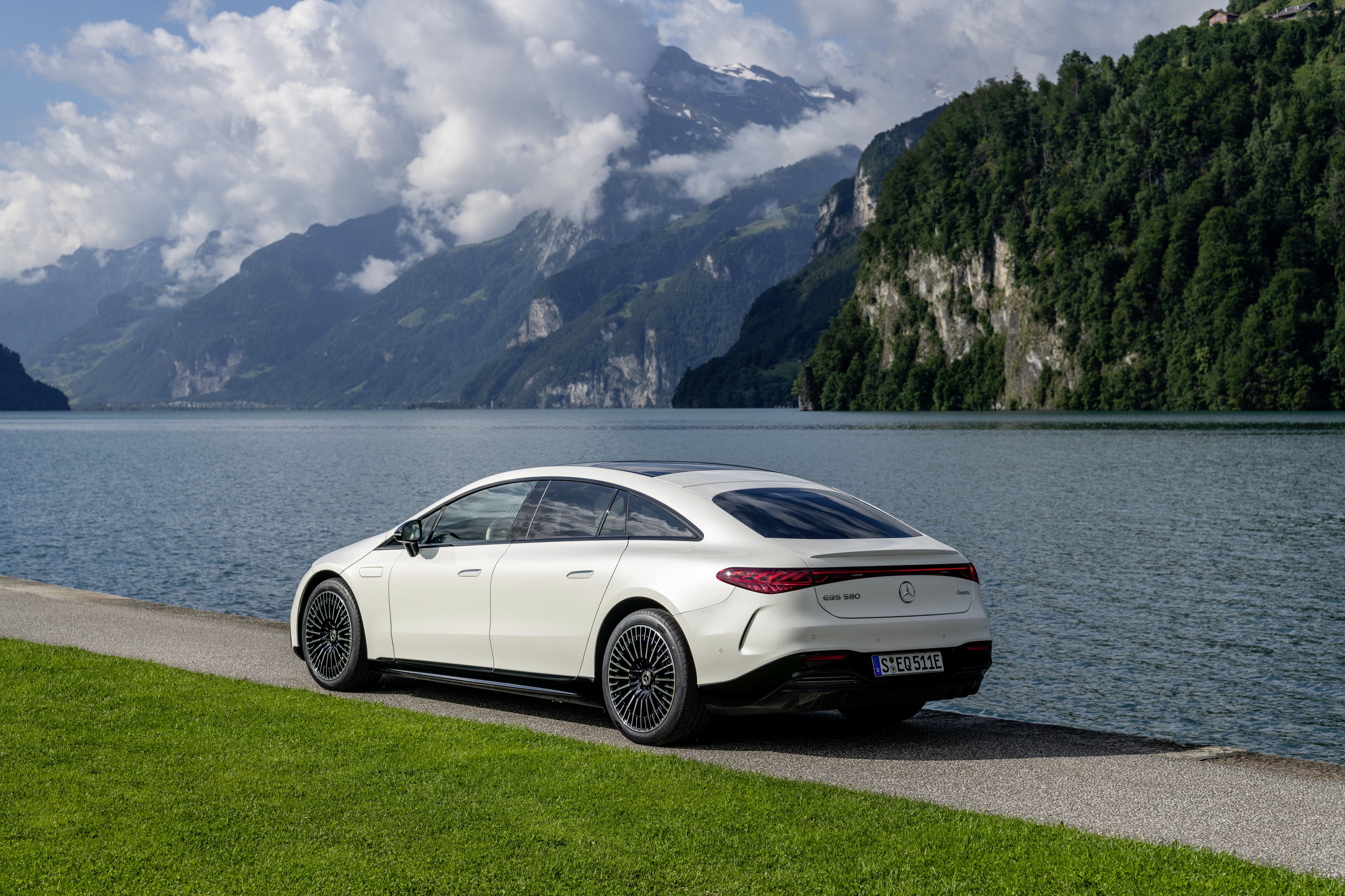 Luxury Electric Mercedes-Benz EQS 580 by mountain lake HD Wallpaper