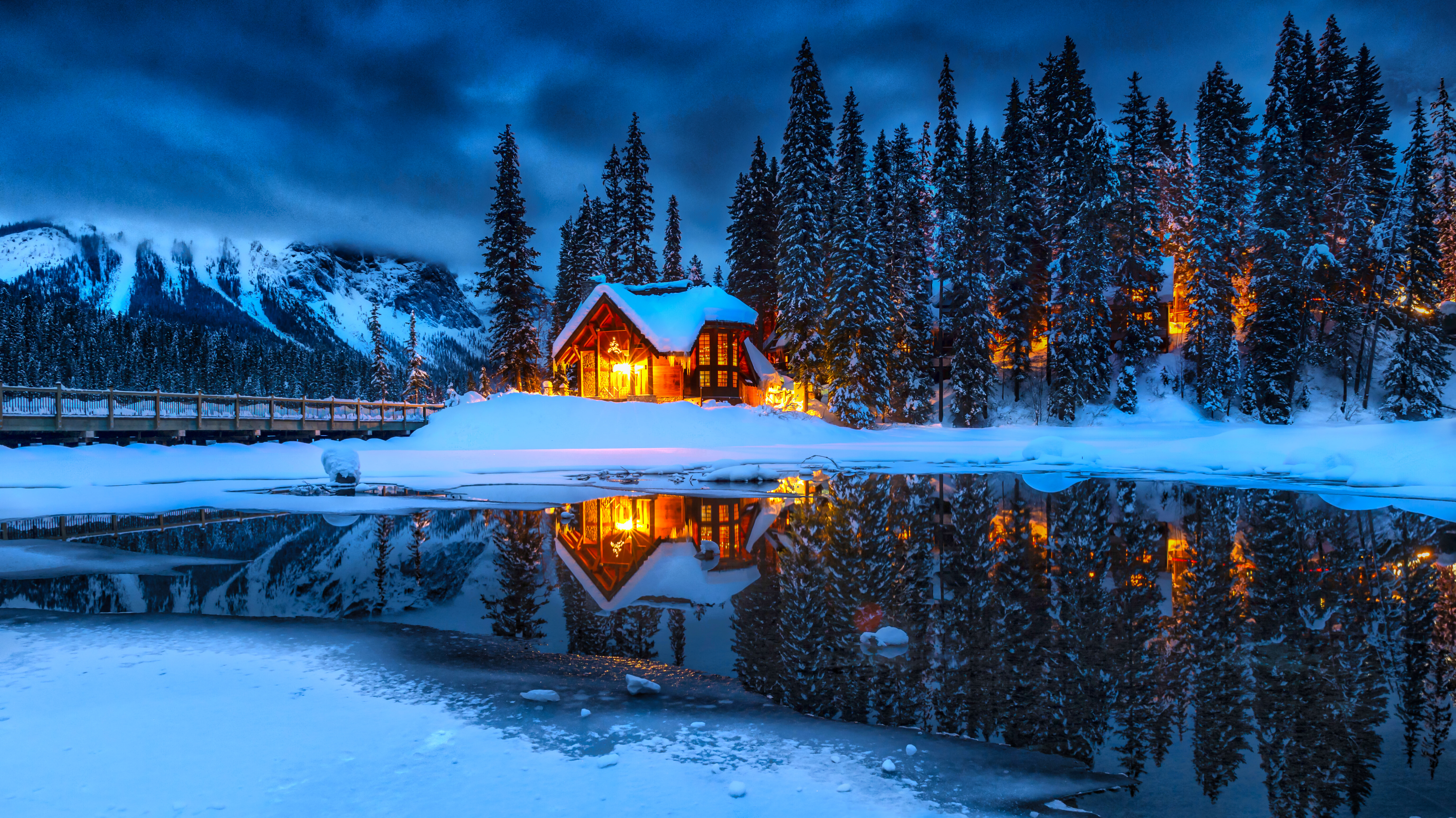 Cozy Winter Cabin by Snowy Lake Reflection HD Wallpaper