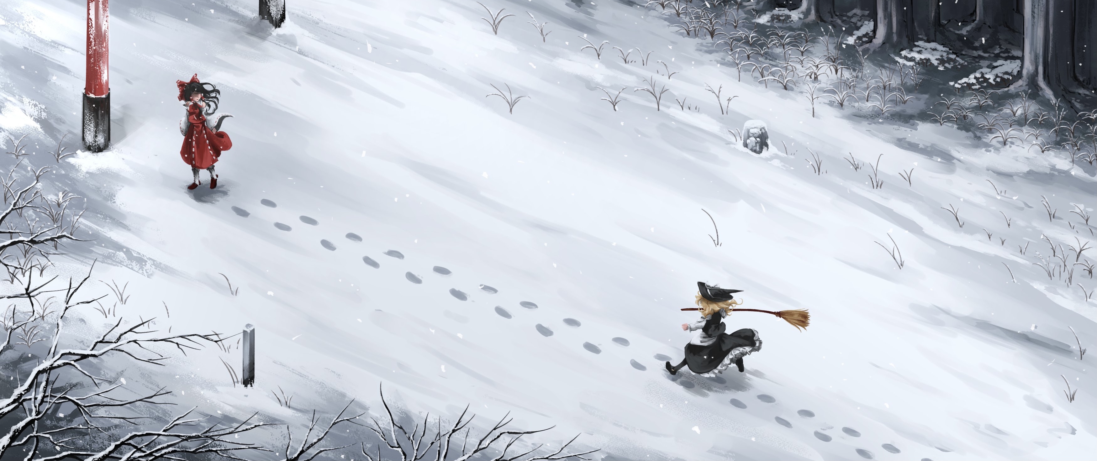 Marisa Kirisame running and Reimu Hakurei in snow HD Wallpaper