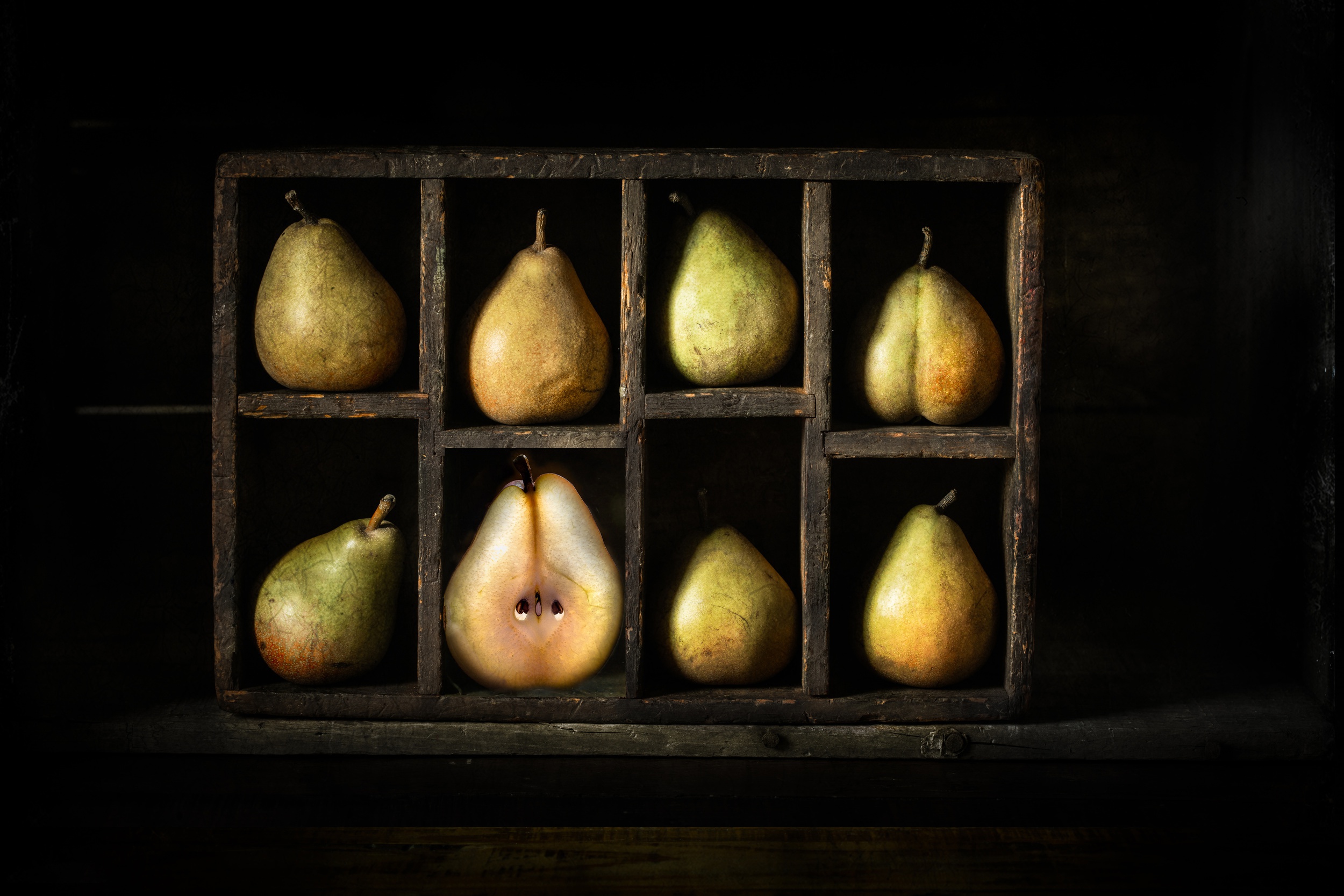 Artistic Still Life Pears in Wooden Compartments HD Wallpaper