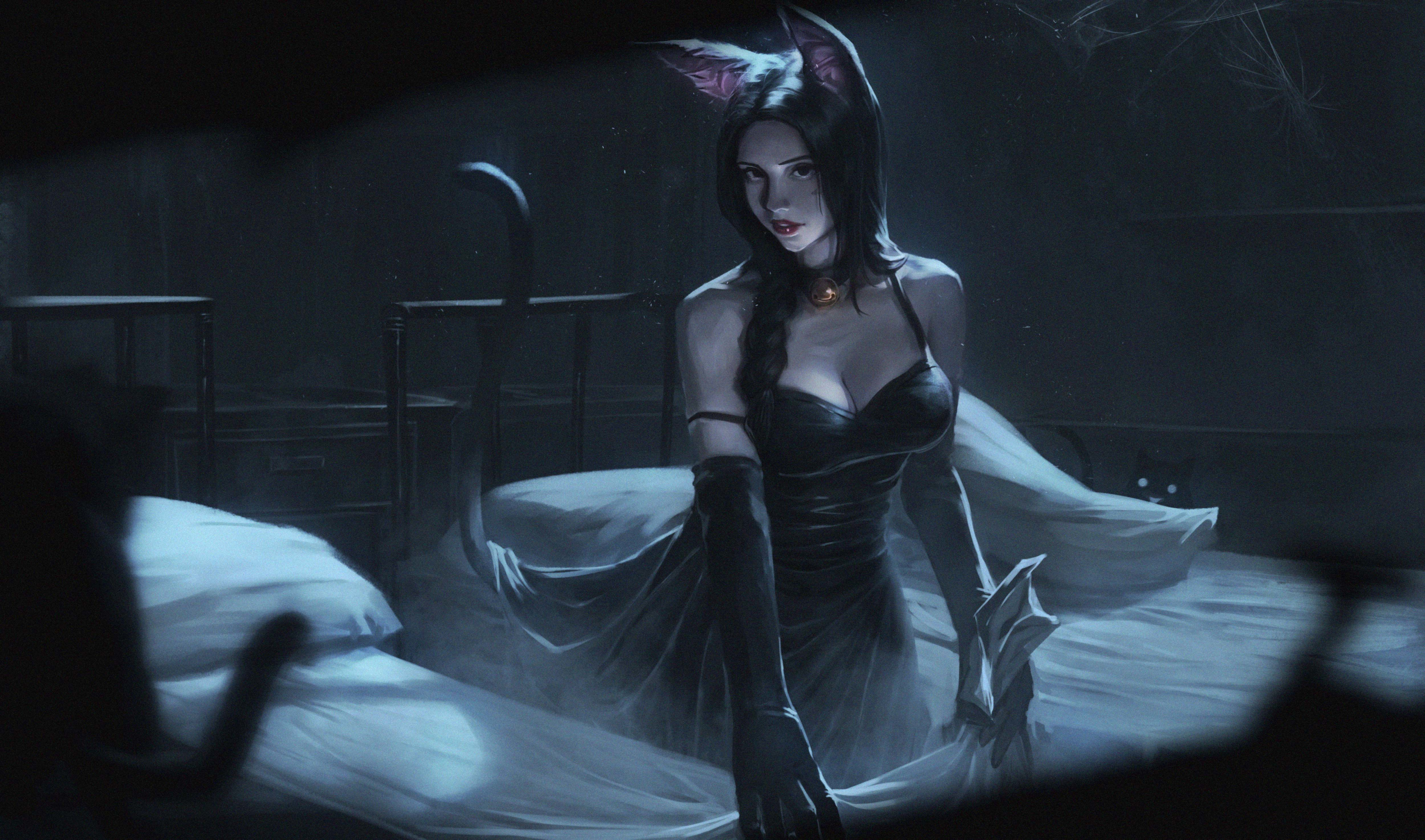 Mysterious Cat Girl in Black Dress HD Wallpaper