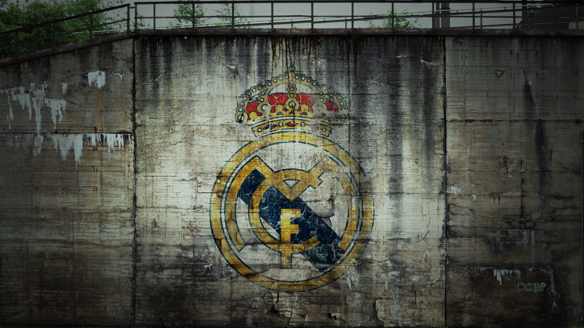 Real Madrid C.F. logo on weathered concrete wall HD Wallpaper
