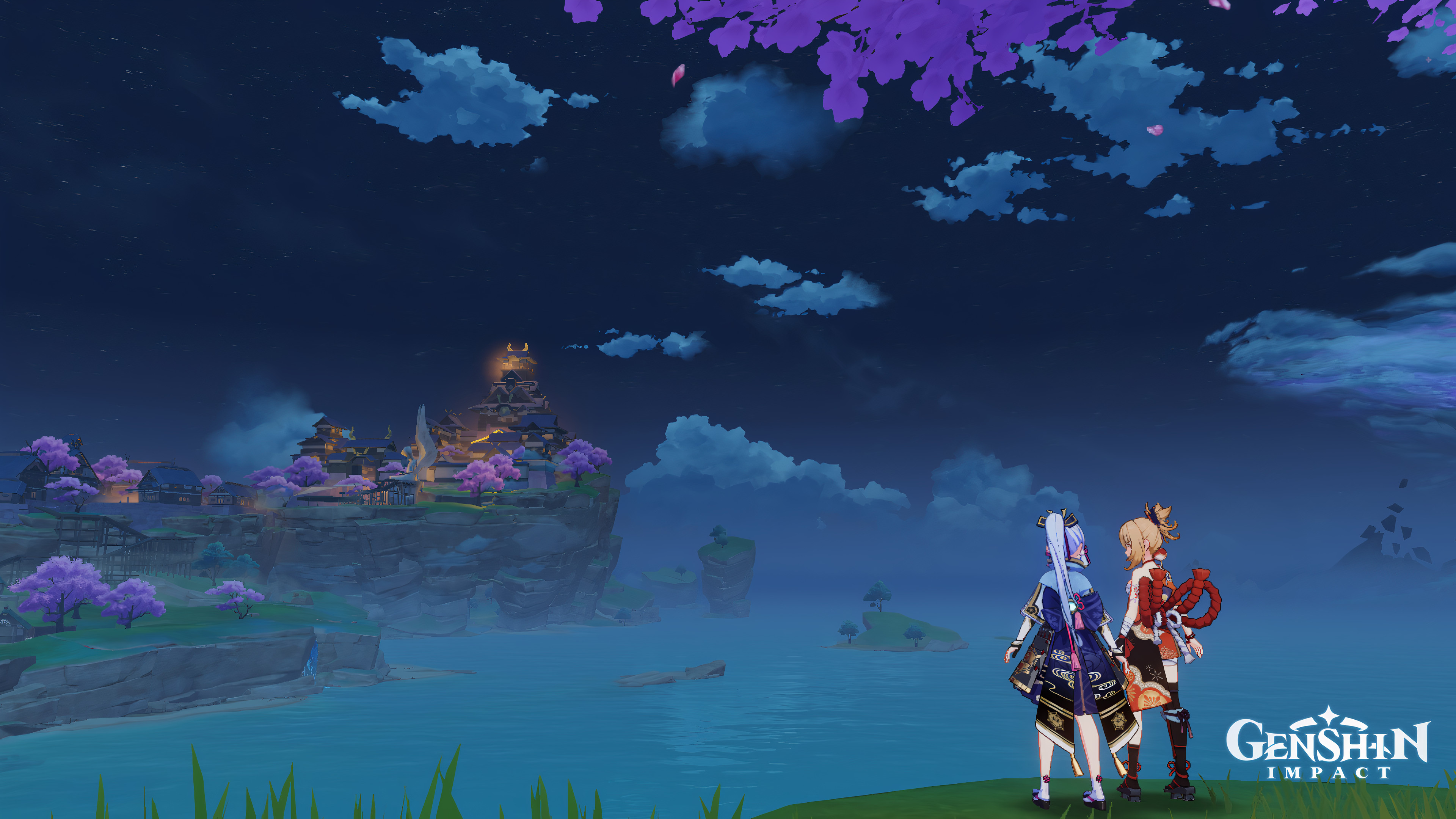 Kamisato Ayaka and Yoimiya overlooking Inazuma at night HD Wallpaper