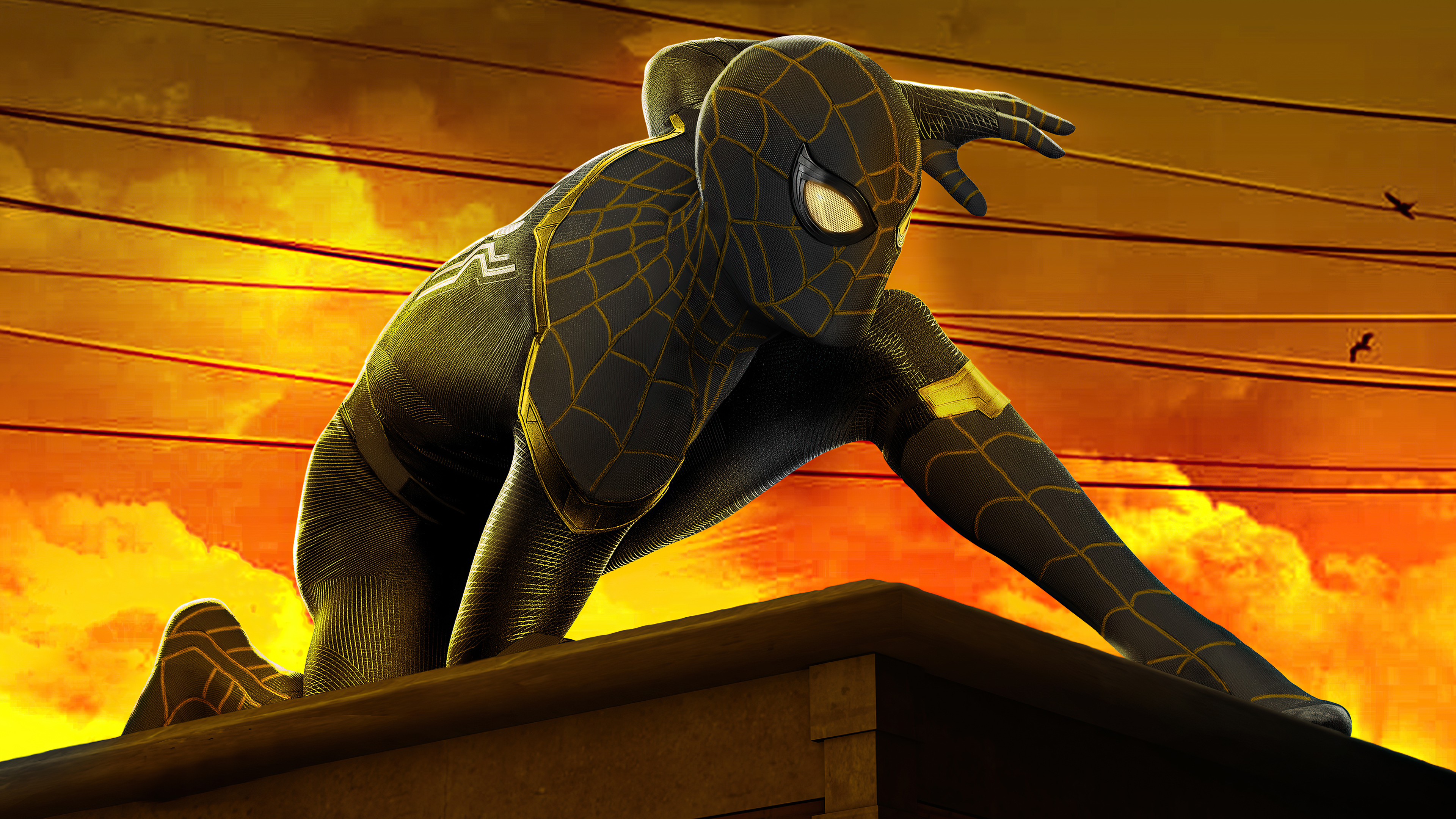 Spider-Man: No Way Home Black Gold Suit Sunset HD Wallpaper