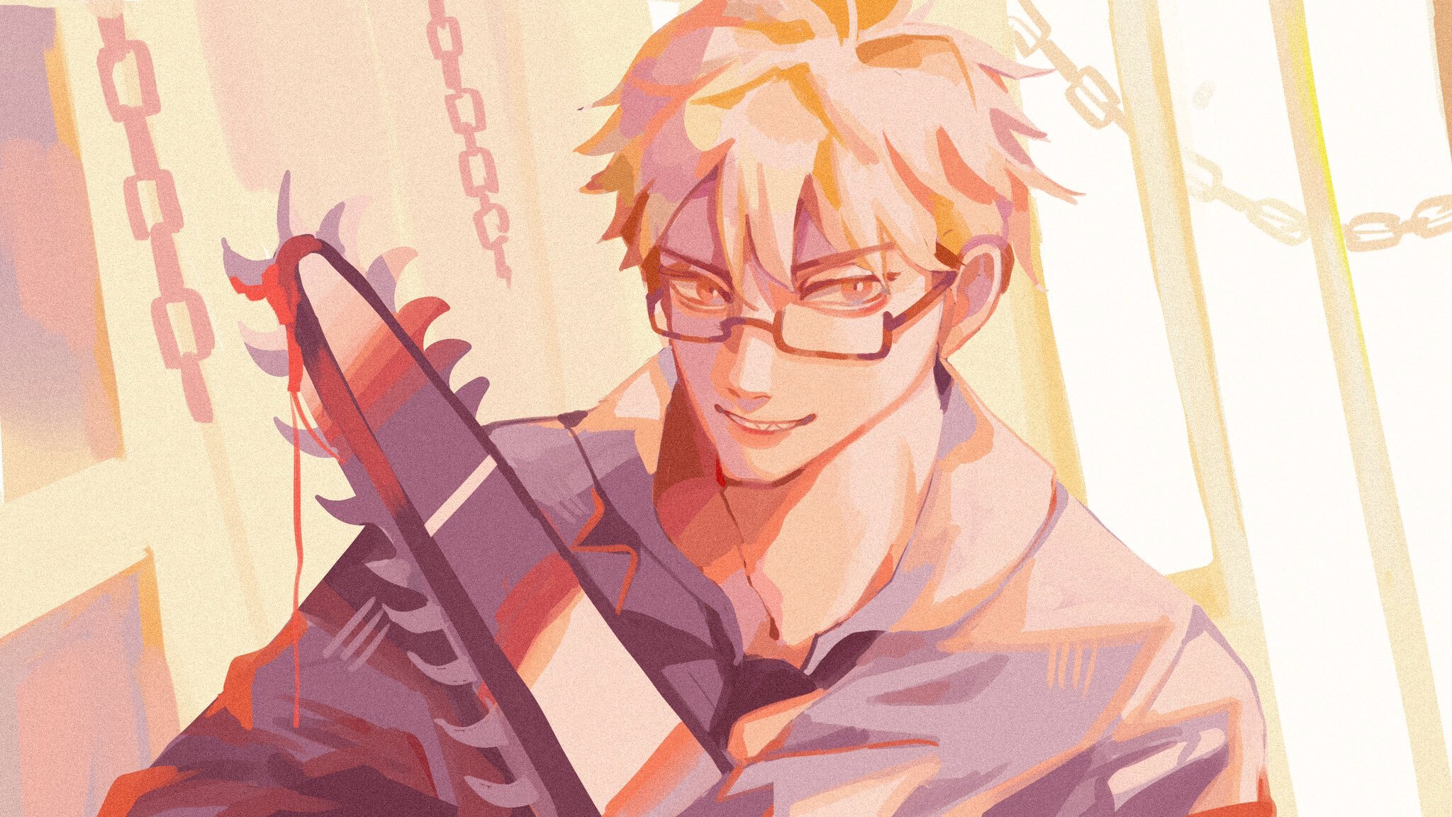Chainsaw Man Denji with bloody chainsaw and glasses HD Wallpaper