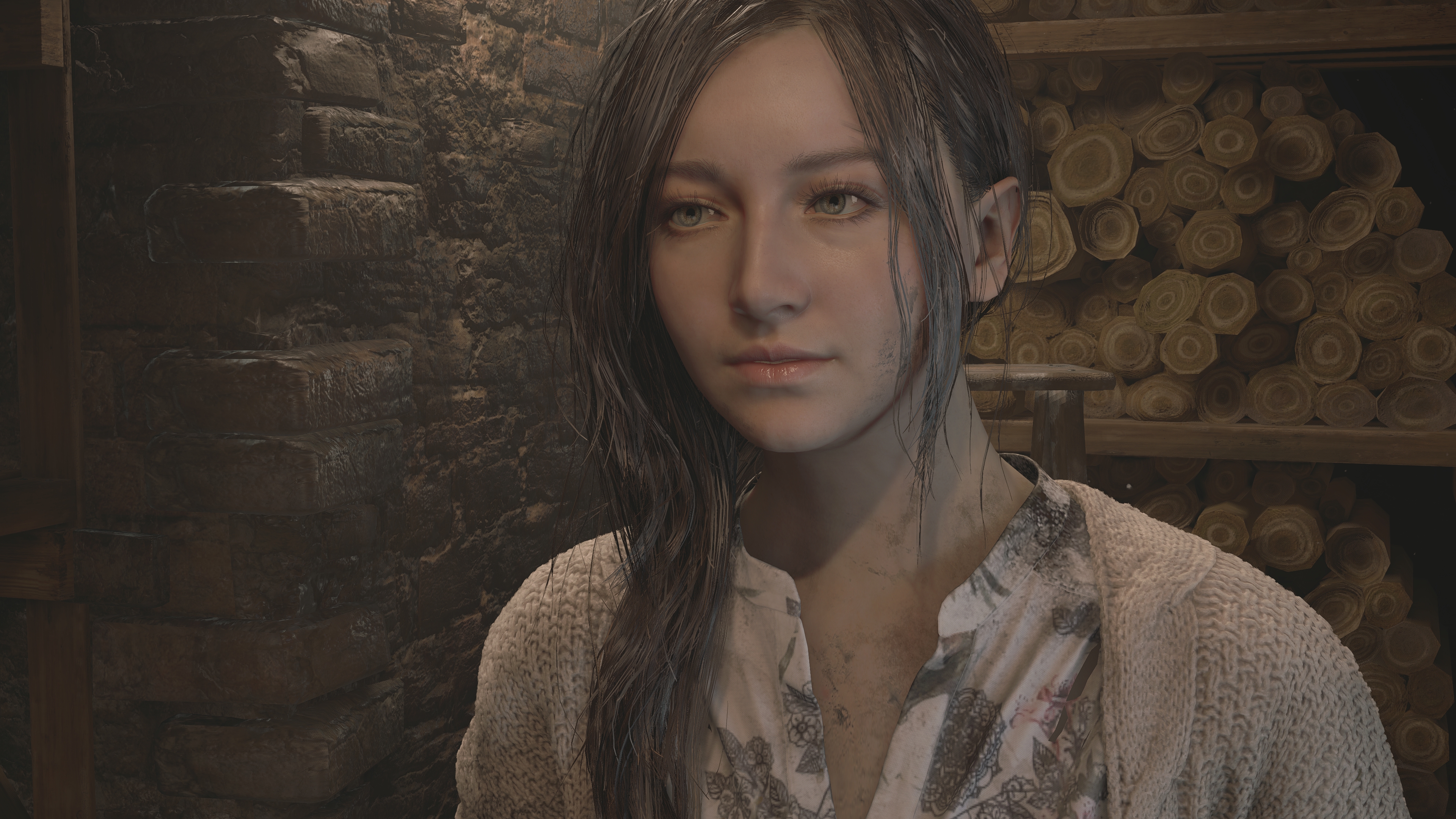 Mia Winters looking pensive in a rustic room HD Wallpaper