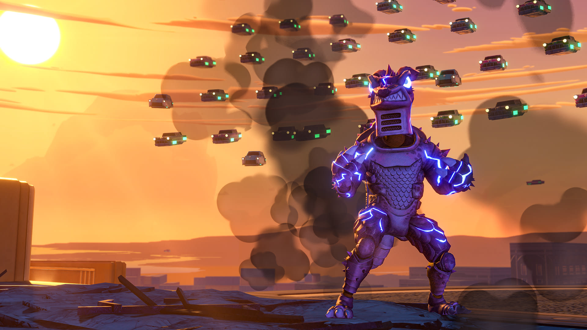 Knockout City Kaiju and flying cars at sunset HD Wallpaper