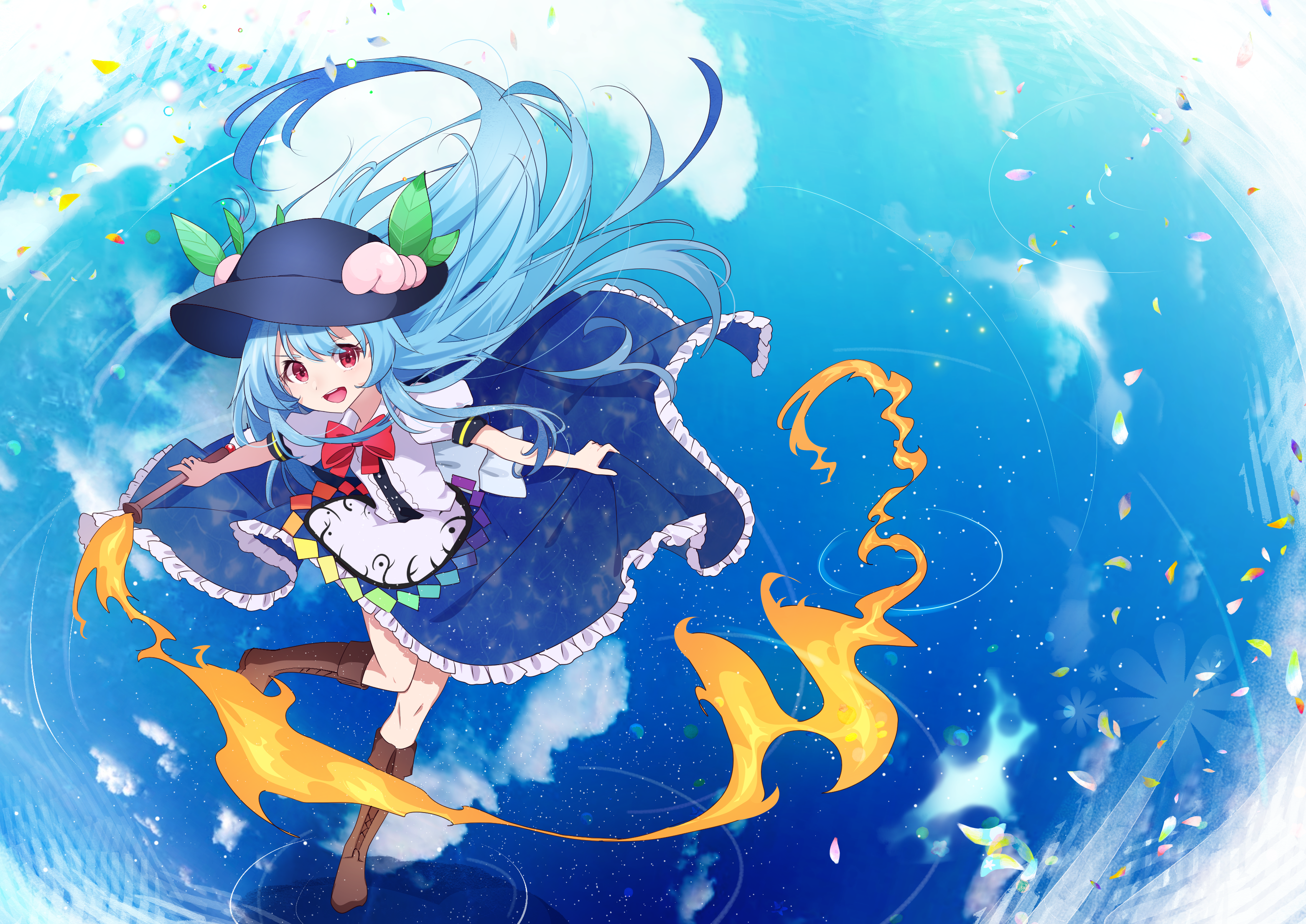 Tenshi Hinanawi flying with fiery staff in blue sky HD Wallpaper