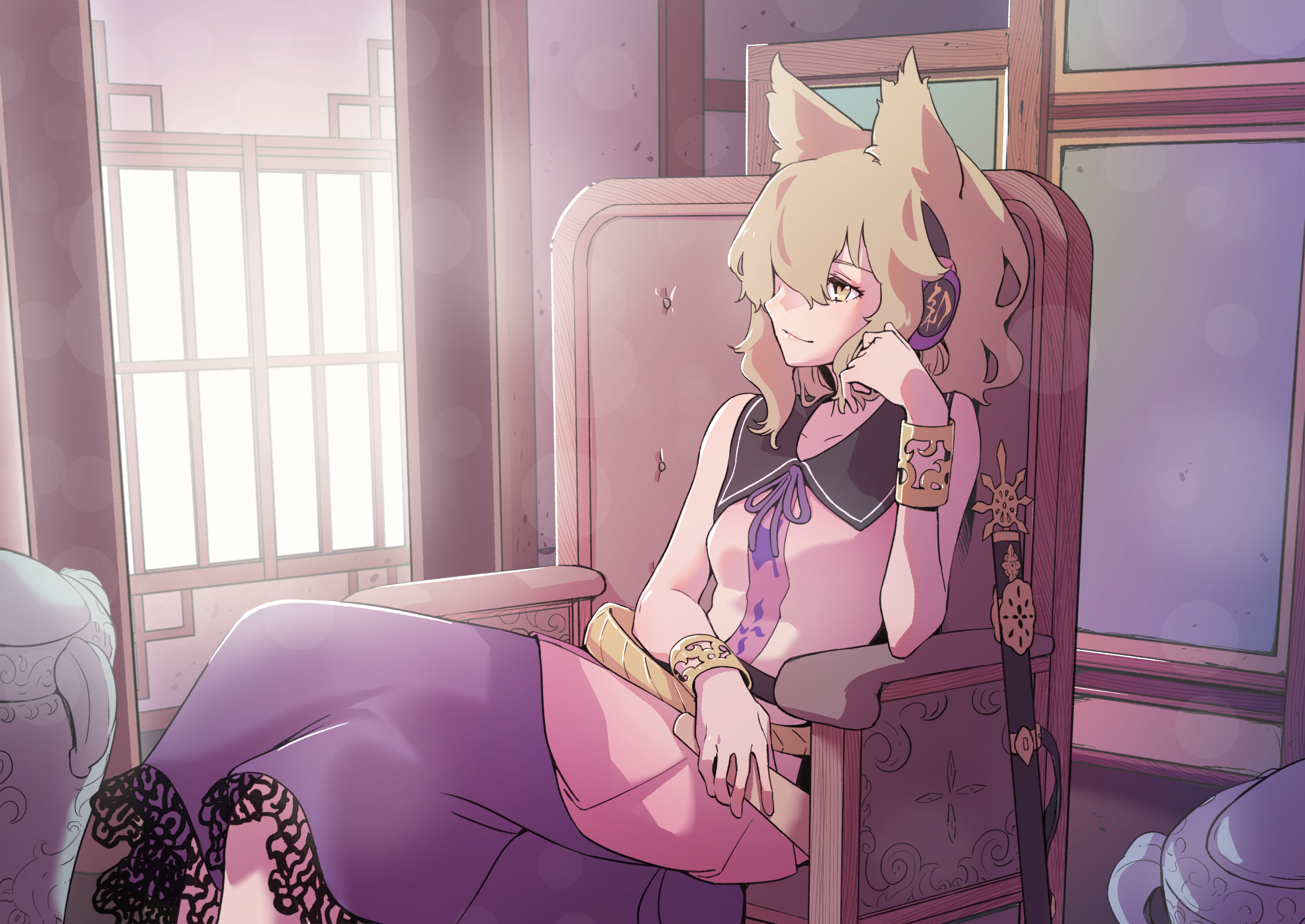 Toyosatomimi no Miko relaxing on her throne HD Wallpaper