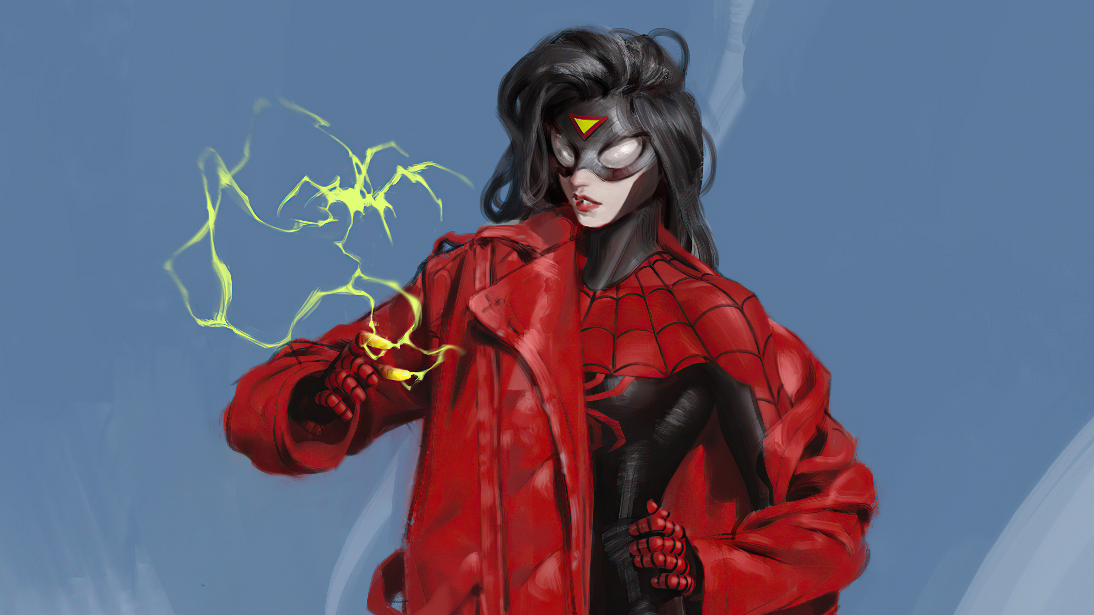 Spider-Woman in Red Trench Coat with Yellow Energy HD Wallpaper