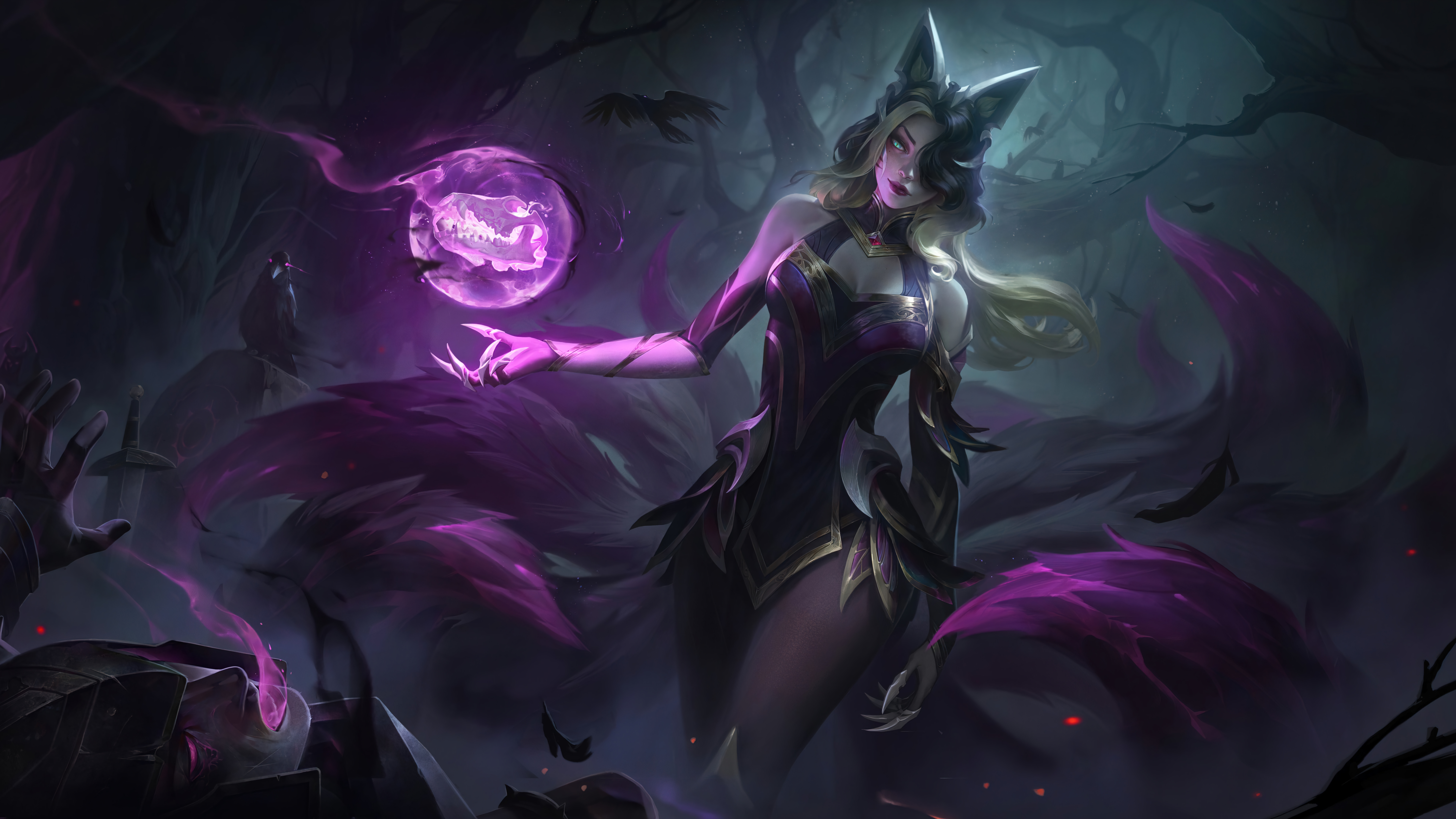Coven Ahri casting dark magic in the forest HD Wallpaper