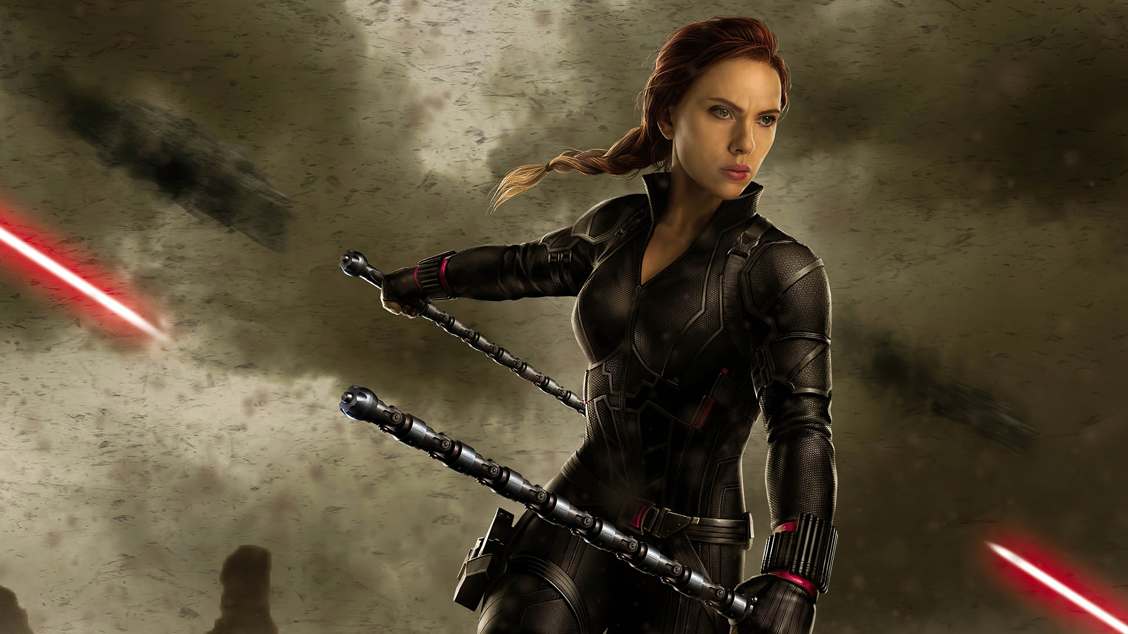Scarlett Johansson Black Widow with lightsabers HD Wallpaper